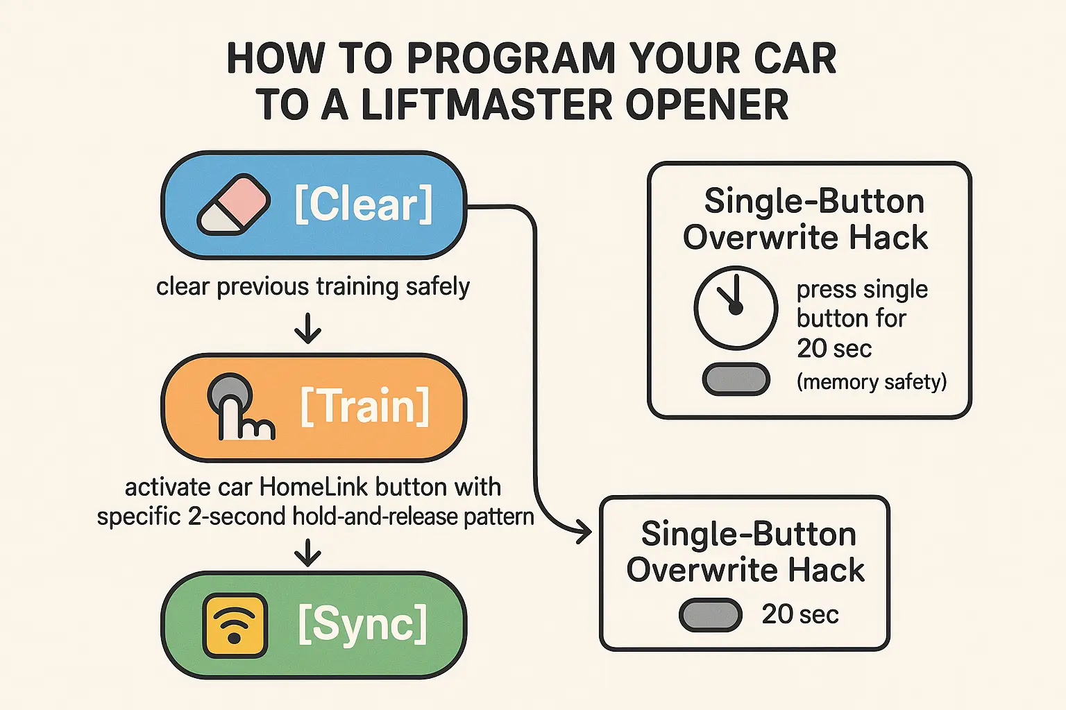 Follow this clear flowchart to program your car's HomeLink to a LiftMaster garage opener safely and efficiently, including how to avoid erasing other cars by using the single-button overwrite hack.