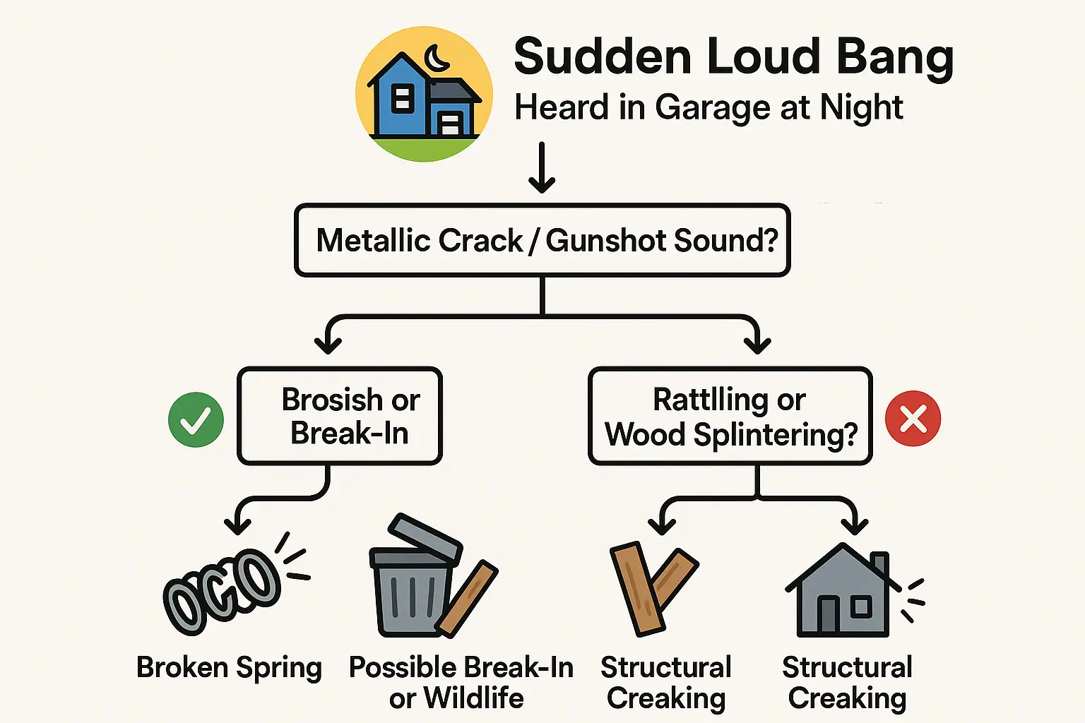 This visual decision tree helps homeowners instantly differentiate between a dangerous break-in and a mechanical spring failure, reducing panic and guiding next steps.