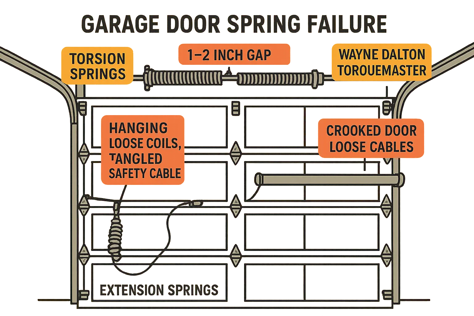 This annotated schematic guides homeowners through a quick, effective self-inspection to visually confirm a broken spring type in under 3 seconds.
