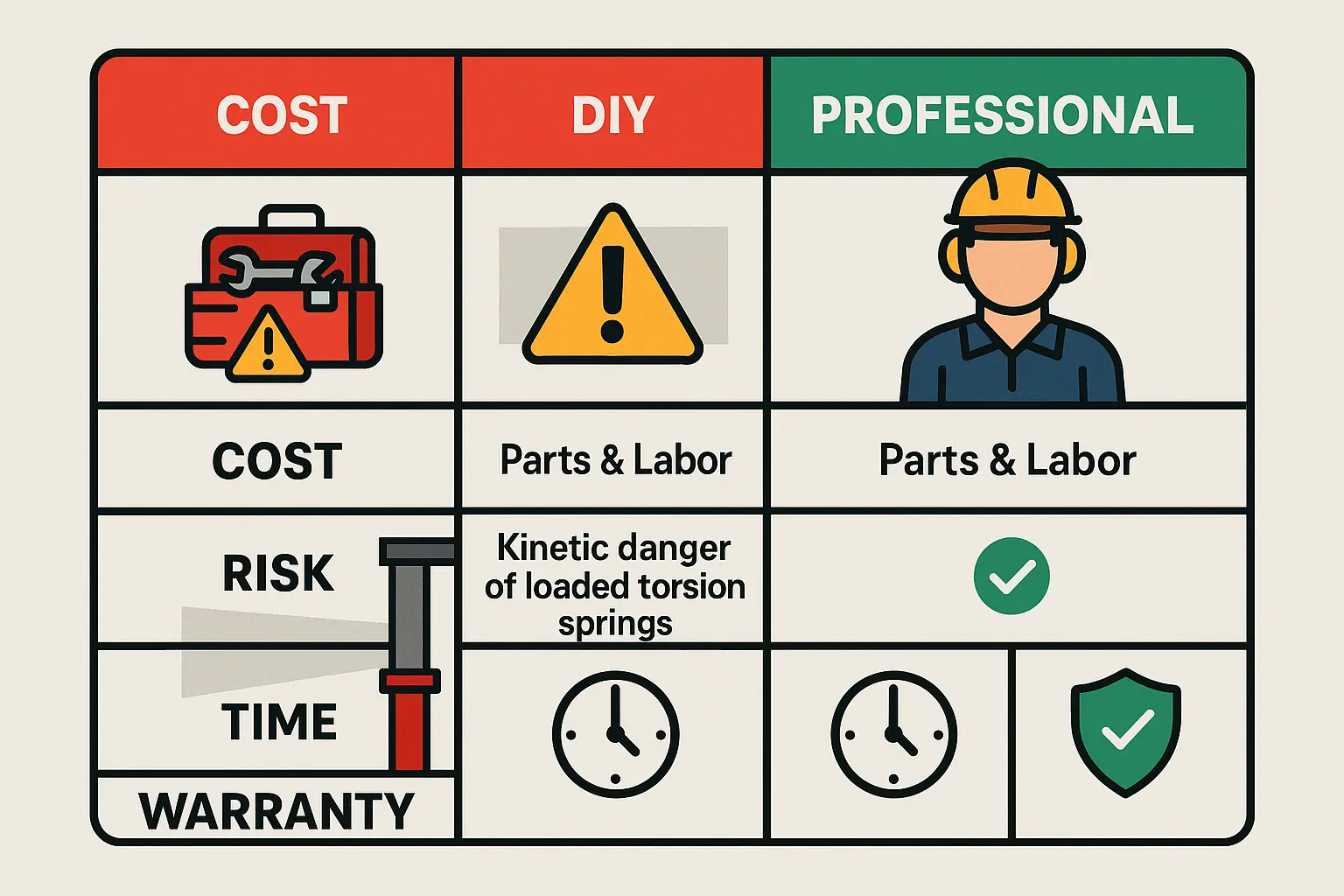 This infographic vividly encodes the hidden dangers and costs of DIY spring repair compared to professional service, anchoring safety and financial prudence in memory.