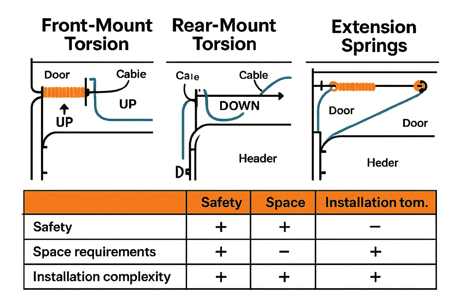 An educational comparison of front-mount and rear-mount torsion springs versus extension springs, detailing mechanical placement, cable paths, and installation trade-offs for space-constrained garage doors.