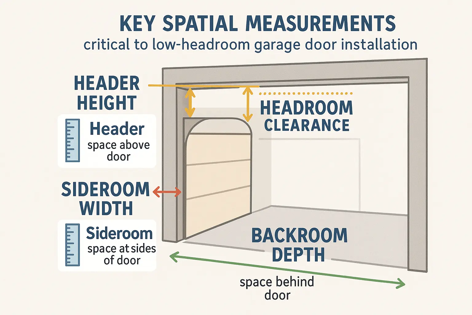 A visual guide to accurately measuring the critical spaces around your garage door opening to diagnose low-headroom challenges and determine compatible door systems.