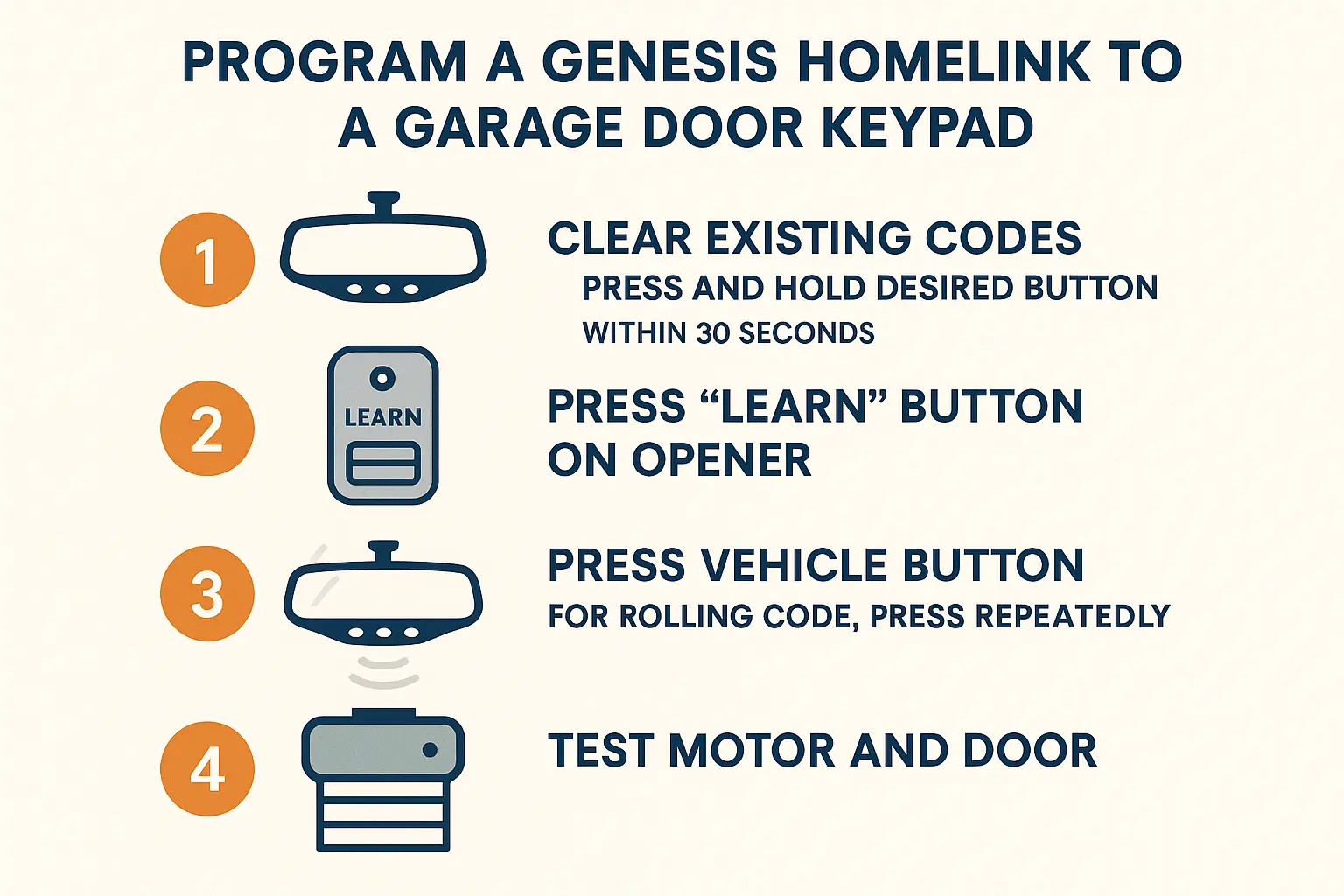 A clear stepwise guide for luxury vehicle owners on pairing their Genesis car's HomeLink buttons with their garage door opener keypad, demystifying a complex technical procedure.