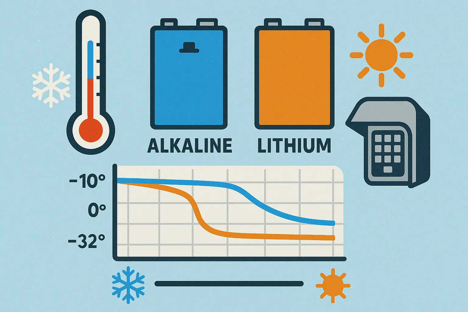 This infographic illustrates why Lithium 9V batteries outperform Alkaline ones in cold temperatures for LiftMaster keypads, explaining the winterization hack to prevent seasonal failures.