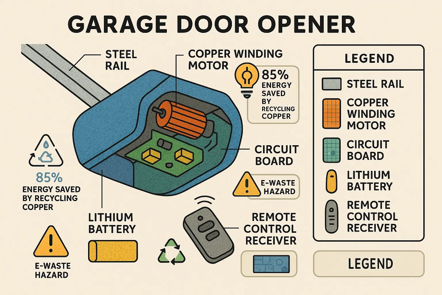 Knowing the parts inside your garage door opener helps unlock its hidden value—recovering copper, safely handling batteries, and reducing toxic waste for a greener planet.