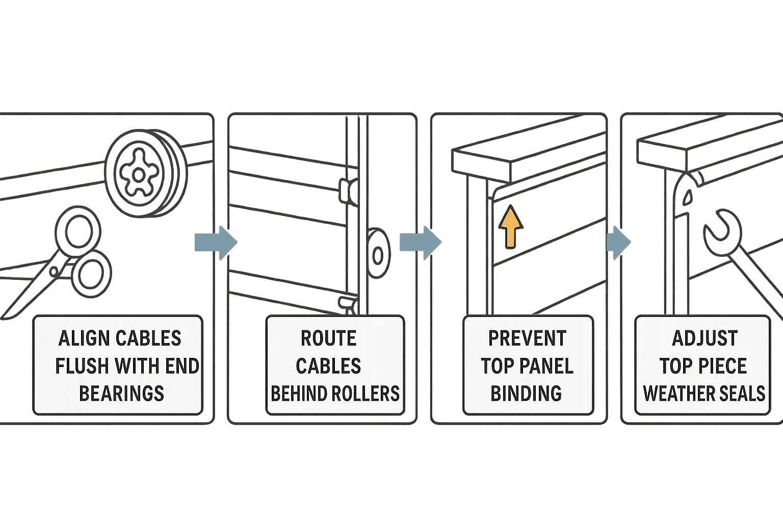 A mnemonic visual guide highlighting expert installation steps that ensure a safe, functional, and properly sealed low-headroom garage door setup.