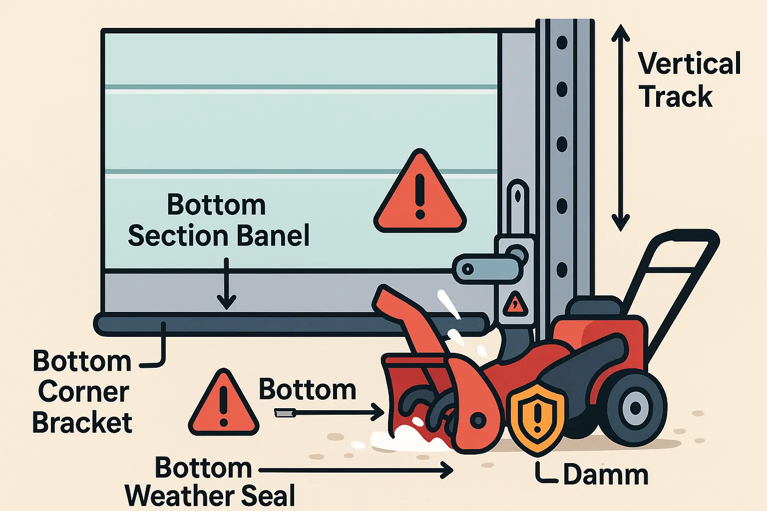 This visualization breaks down the critical garage door bottom components affected by snowblower impacts, highlighting why the bottom bracket and track area are mechanically vulnerable and must be inspected carefully for safety.