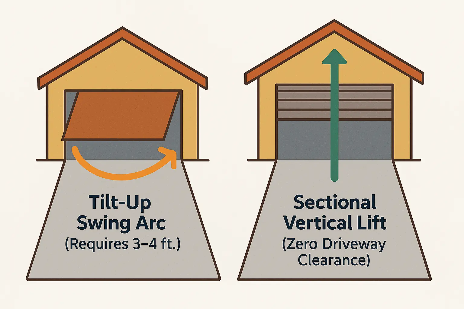 This image visualizes how sectional garage doors operate with a vertical lifting motion, solving the space-consuming swing-out arc of one-piece tilt-up doors. It highlights the driveway clearance benefits sectional doors provide, especially in tight spaces.
