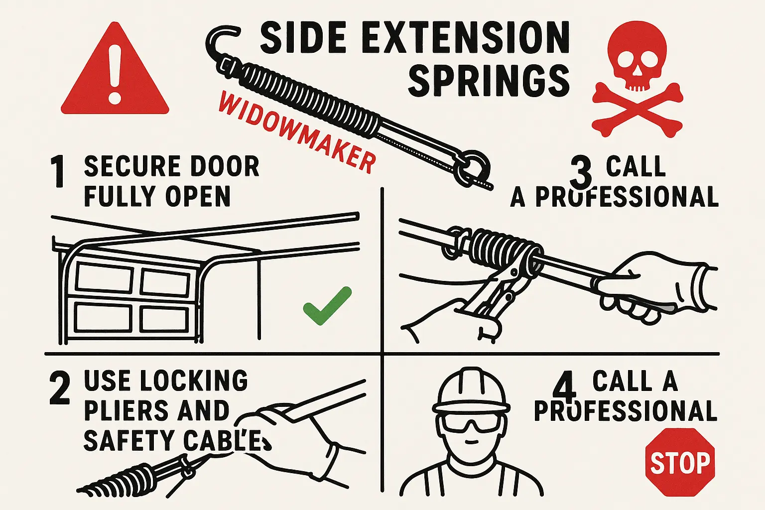A critical safety guide illustrating the correct procedure to safely release tension on hazardous side extension springs, highlighting when professional assistance is mandatory to prevent injury.