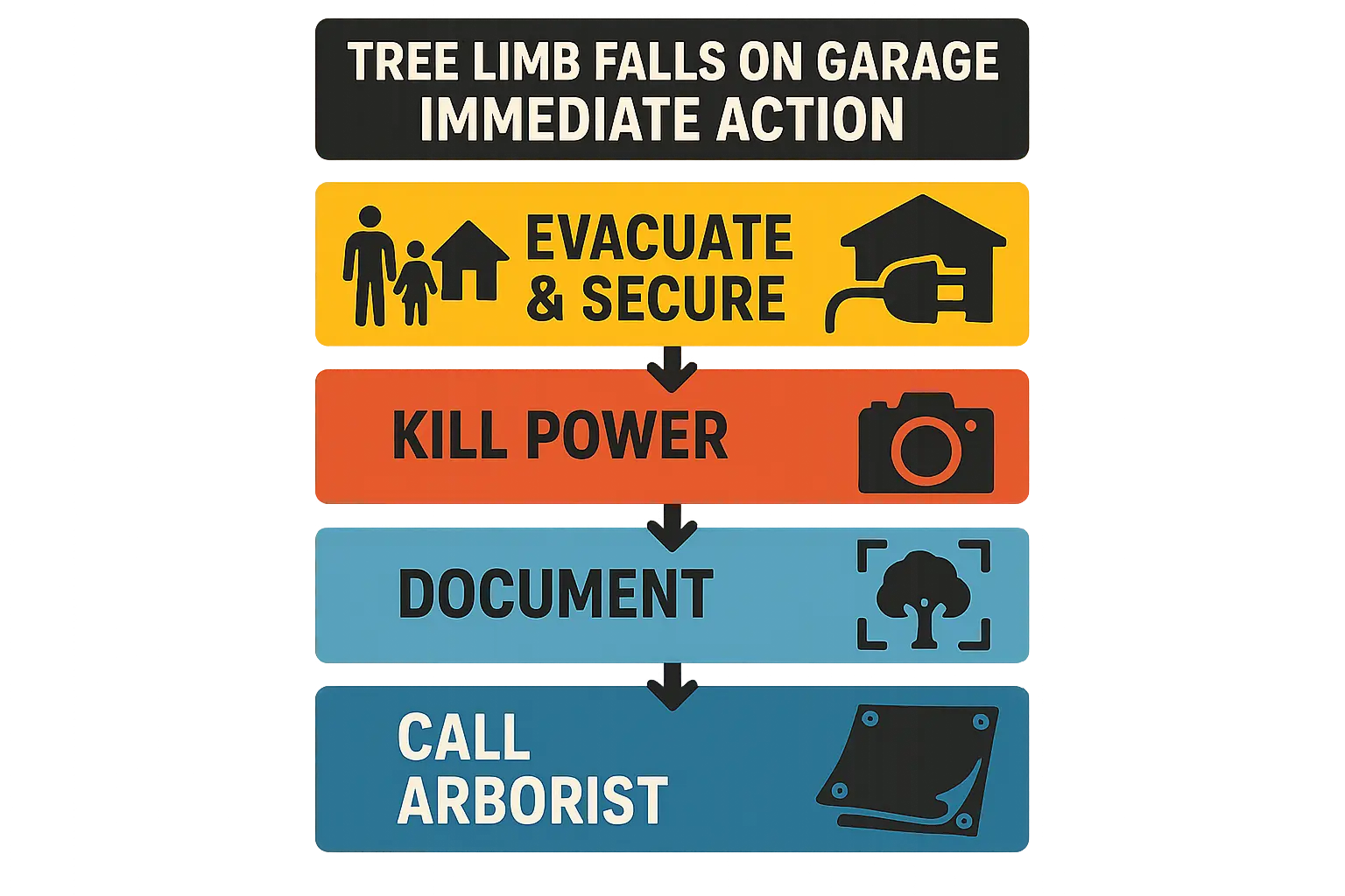 This diagram visualizes how a fallen tree limb distorts garage door panels and tracks, dramatically increasing torsion spring tension and creating a risk of sudden mechanical failure and injury.