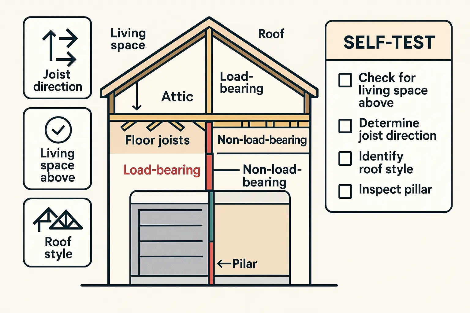 This diagram teaches how to determine if your garage's center column supports structural loads by examining attic joist directions, upstairs rooms, and roof framing styles. Understanding this prevents costly mistakes during door conversion.