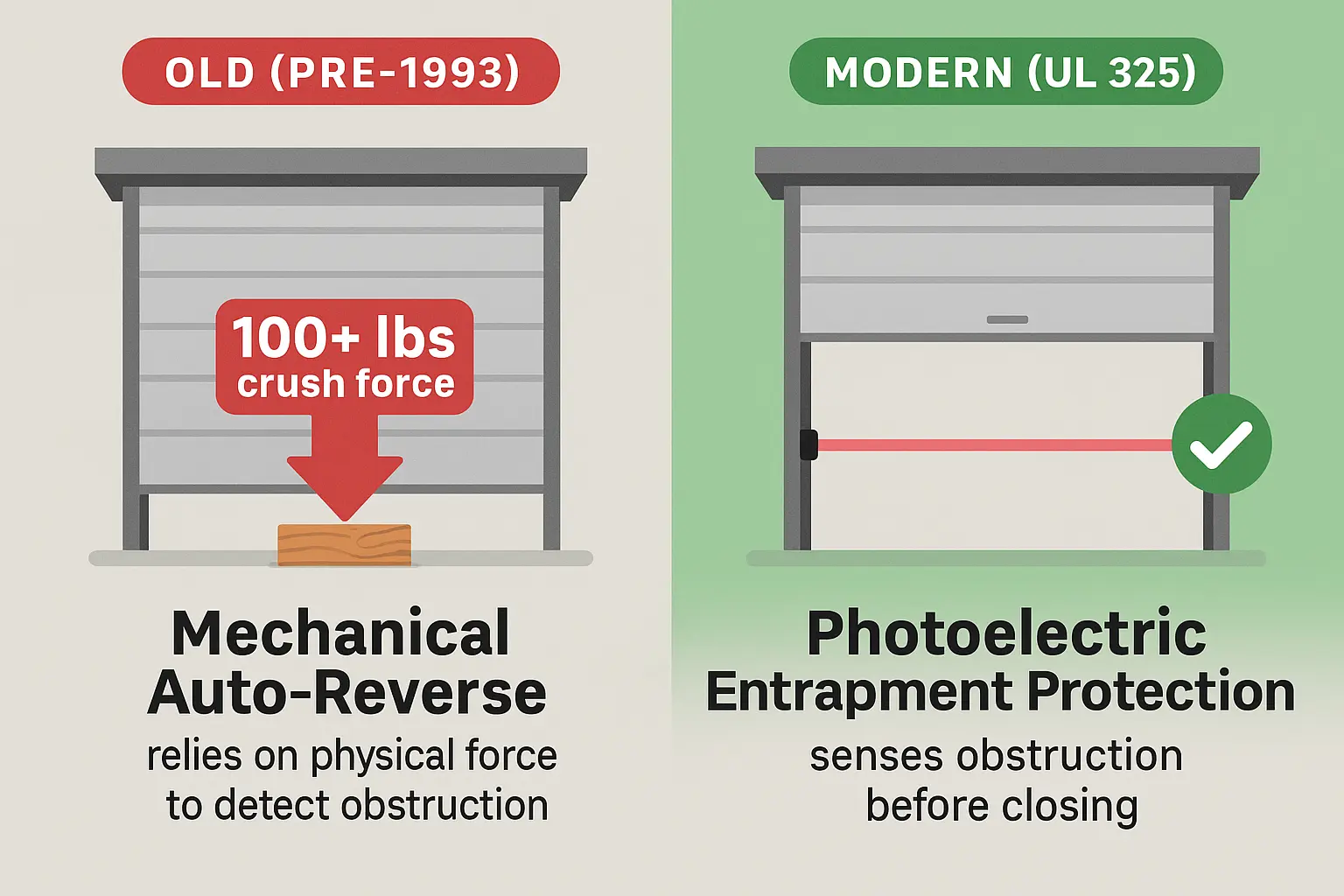Pre-1993 garage door openers used mechanical force to reverse, often crushing obstructions, while modern UL 325-compliant openers use photo-eye sensors to detect objects and safely reverse before contact.