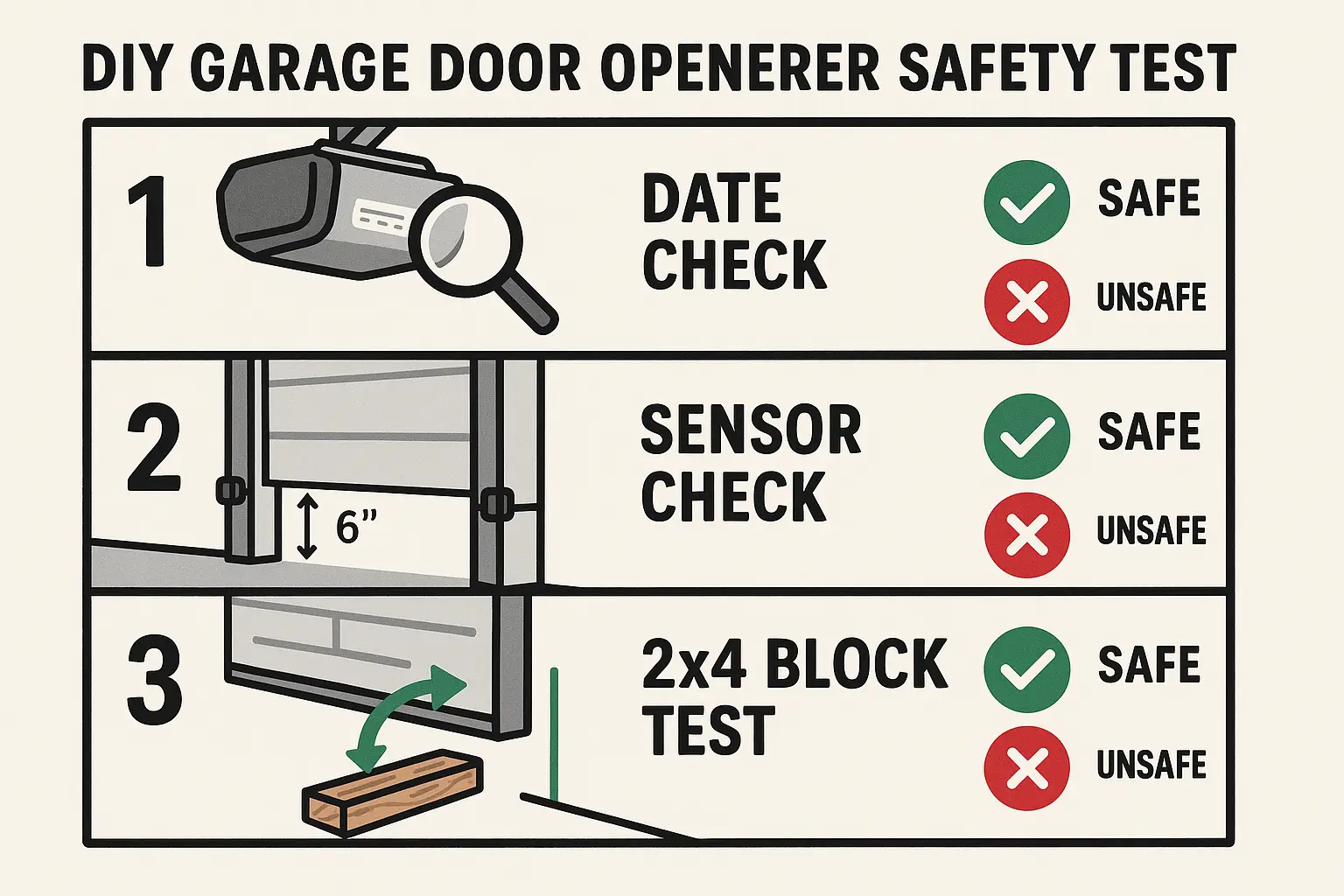 Pre-1993 garage door openers cannot be retrofitted with modern photo-eye sensors because they lack the necessary monitored microprocessor circuitry, making replacement the only safe option.