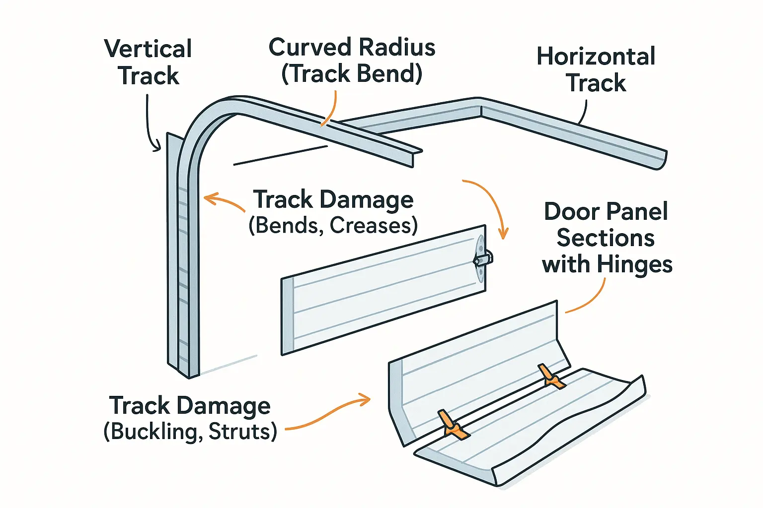 Understanding the distinct components of a garage door: differentiating between bent track elements and damaged panel sections is crucial in diagnosing collision damage accurately.