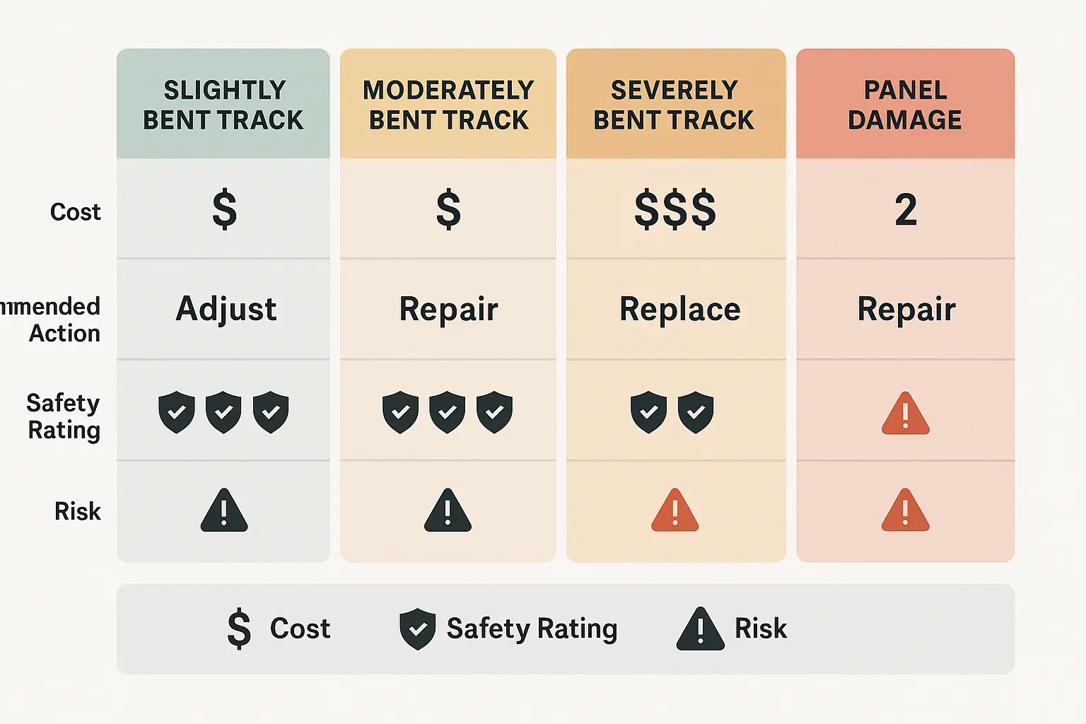 Quick-reference cost and safety matrix to help homeowners instantly compare repair options, costs, and risks for garage door collision damage scenarios.