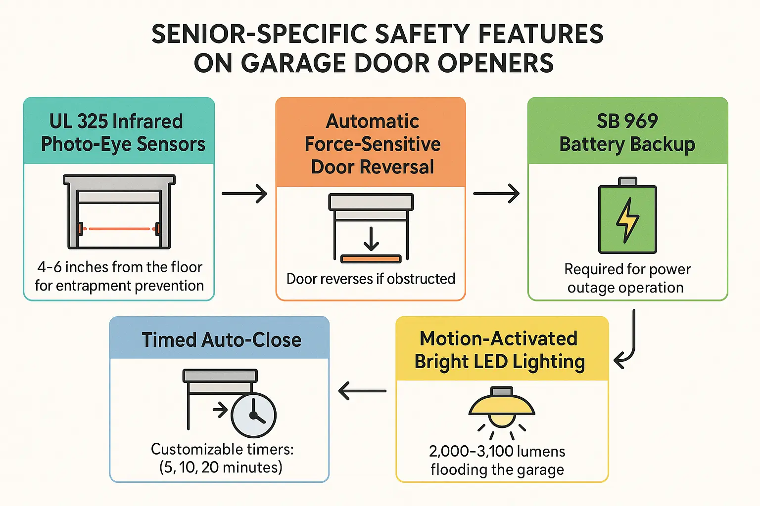 Stepwise visualization of essential safety features tailored to senior needs, illustrating how each setting prevents common accidents like entrapment, power outage lock-in, forgotten open doors, and falls in dark garages.