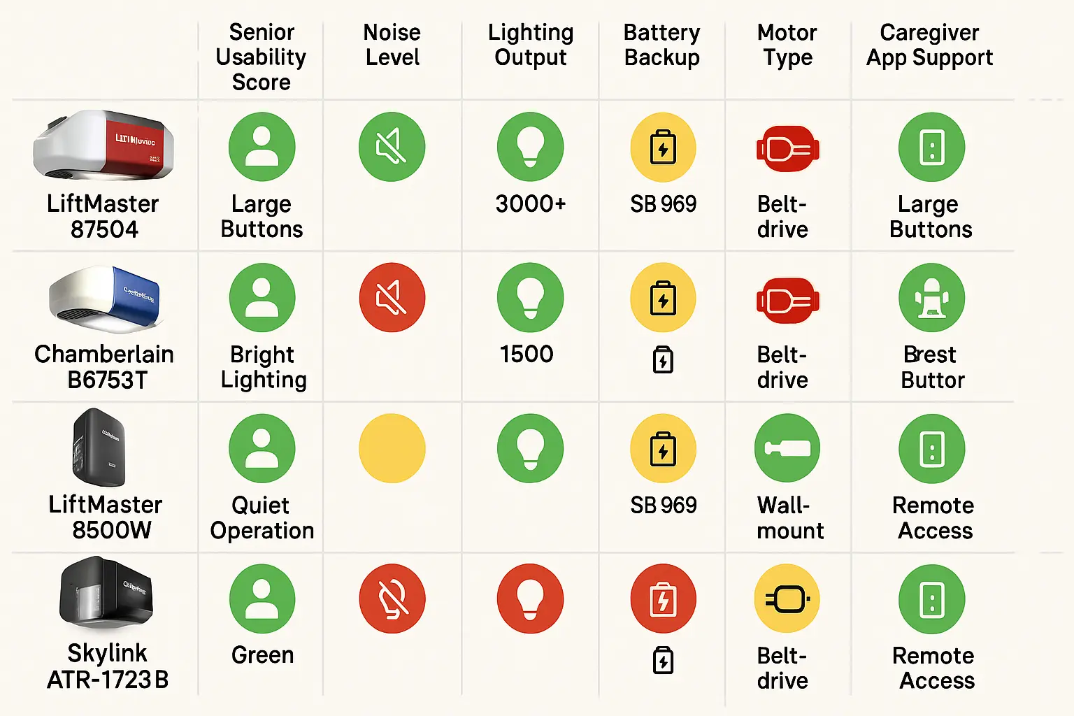 Memory-friendly infographic comparing key senior-focused features across leading garage door openers, helping readers quickly recall which models best match their needs and safety priorities.