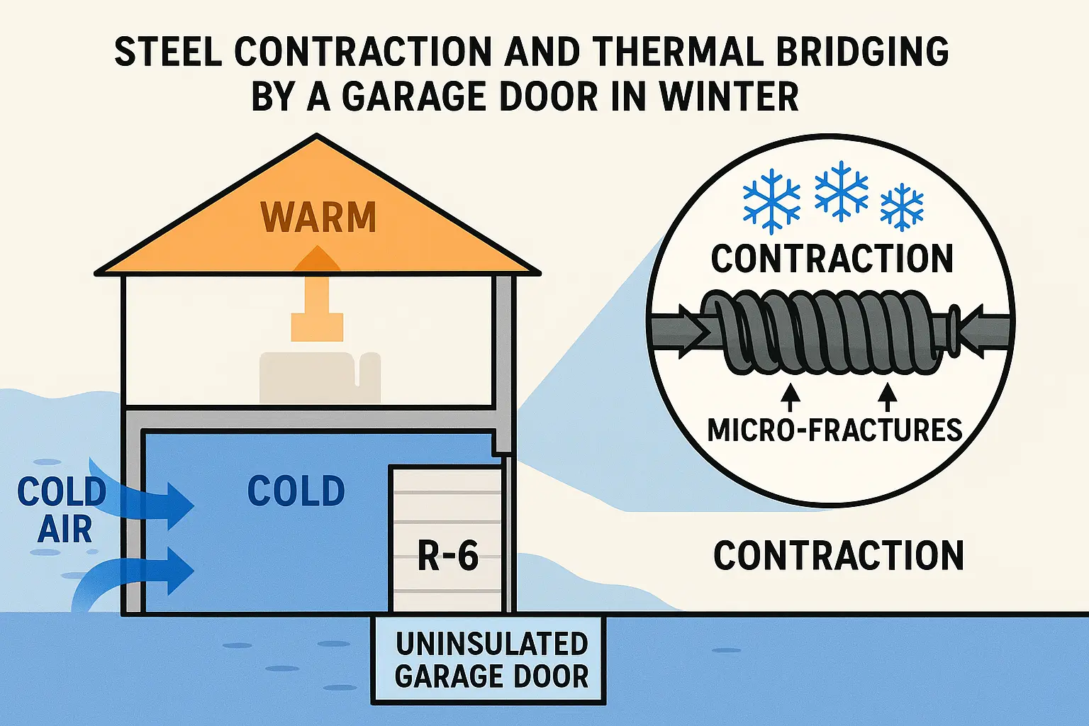 This visual explains how cold temperatures cause garage door steel springs to contract and why an uninsulated garage door creates cold air drafts that chill rooms above, increasing heating costs and risk of mechanical failure.
