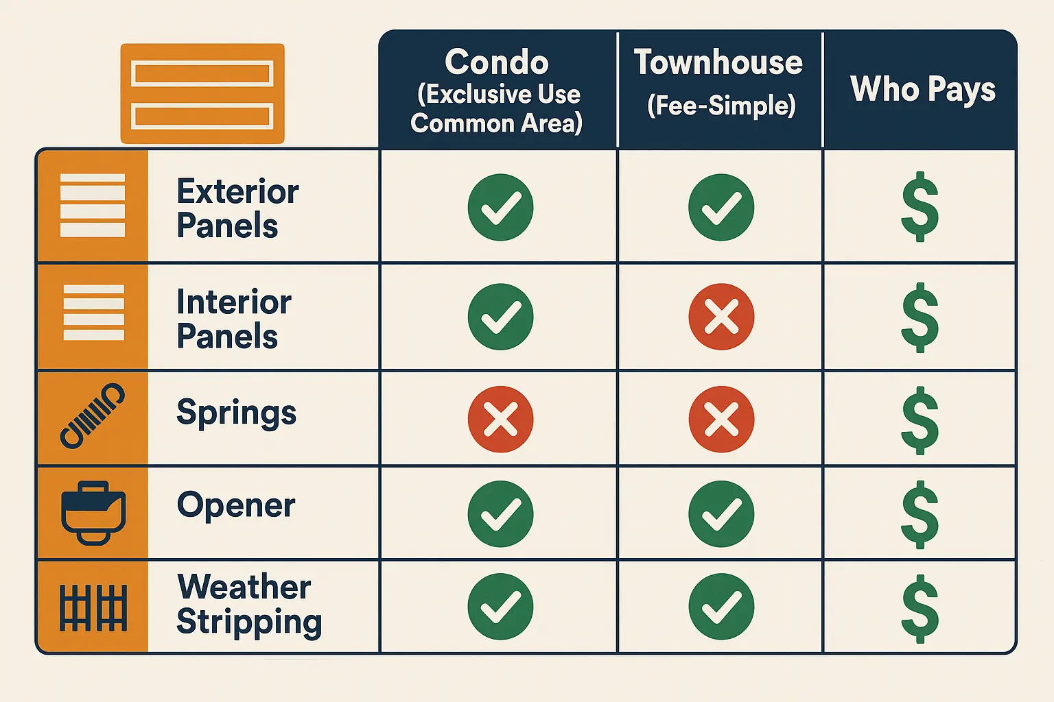 This matrix simplifies understanding of who fixes and pays for each garage door part depending on property type, serving as a quick reference tool during disputes or repairs.