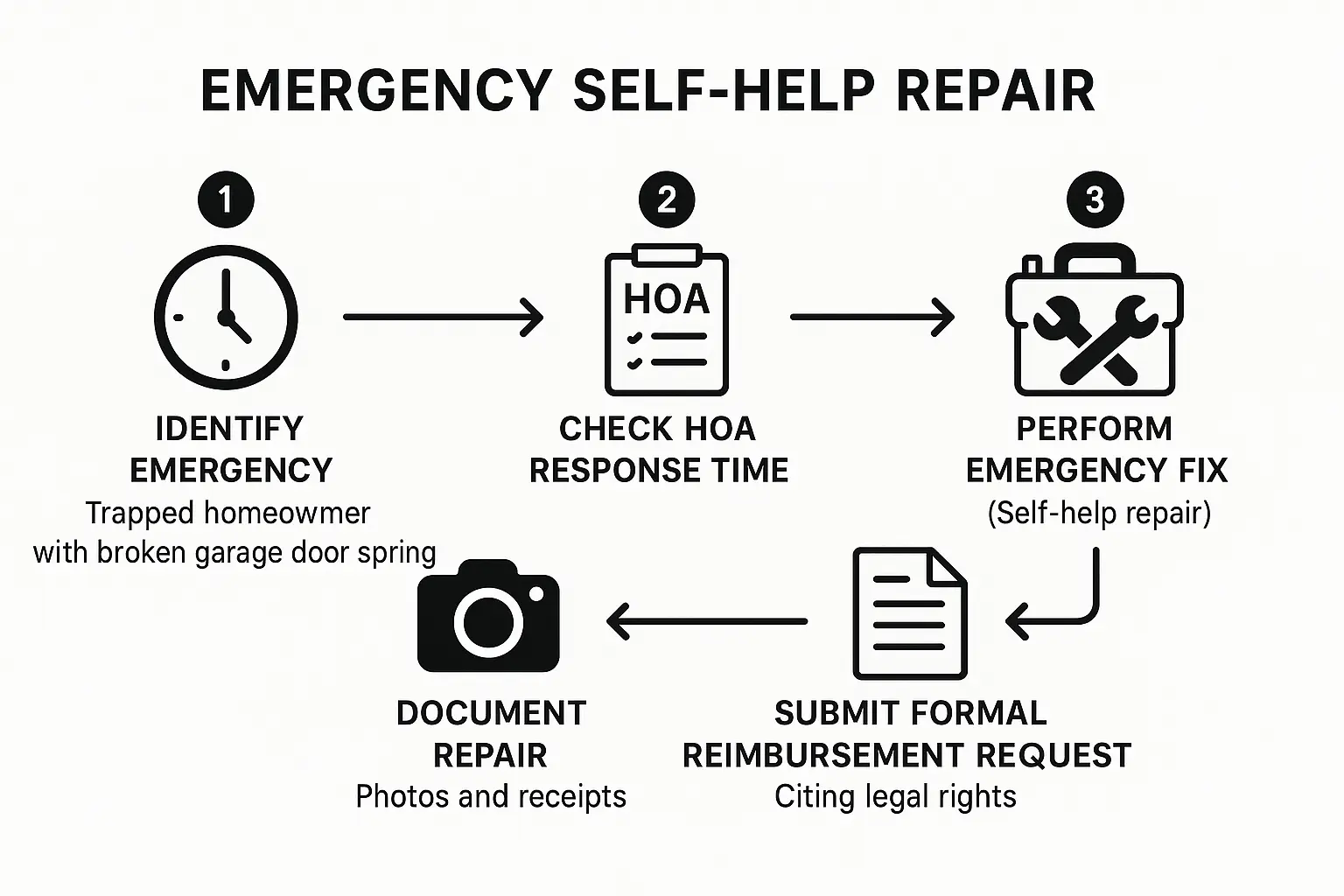 This flowchart guides readers through the emergency self-repair process, empowering trapped homeowners to safely fix garage doors and reclaim costs legally.