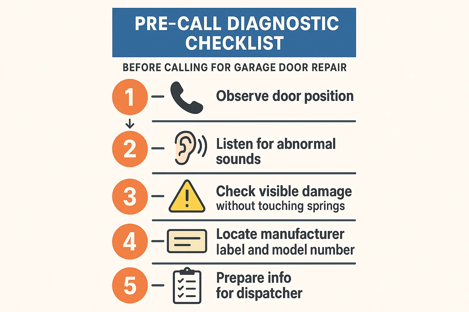 This 5-step pre-call checklist empowers homeowners to gather essential details safely and effectively before calling garage door repair, enabling faster and more accurate service dispatch.