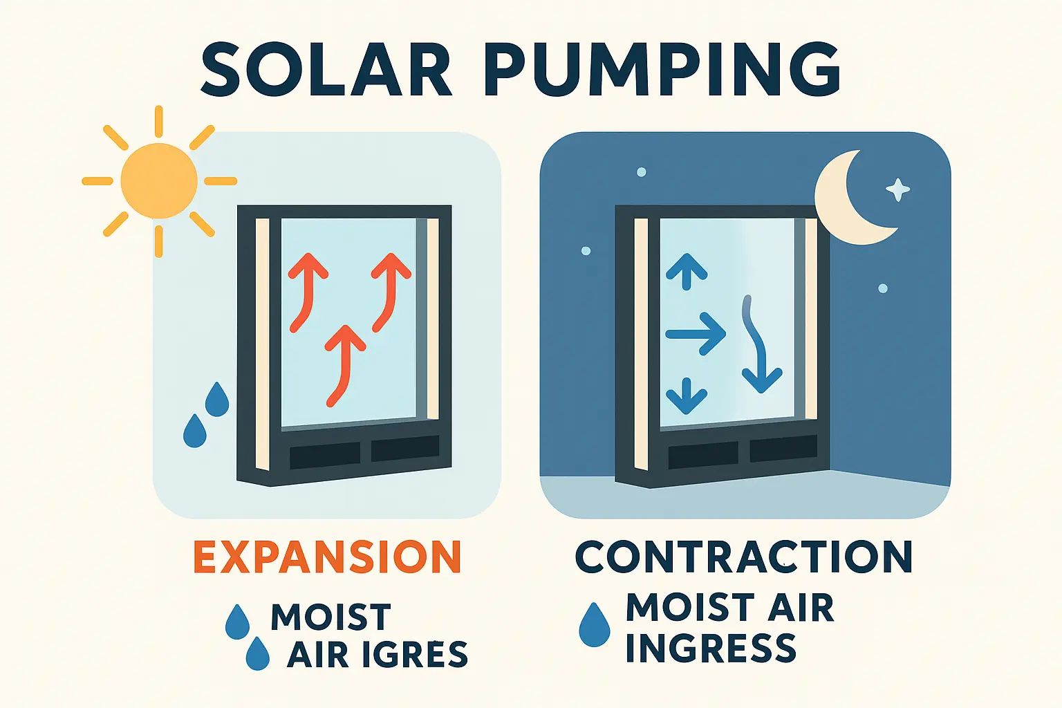 How 'Solar Pumping' leads to garage door window fogging: Heat expands gas inside the sealed unit by day, contraction at night pulls moisture inside, causing condensation between panes.