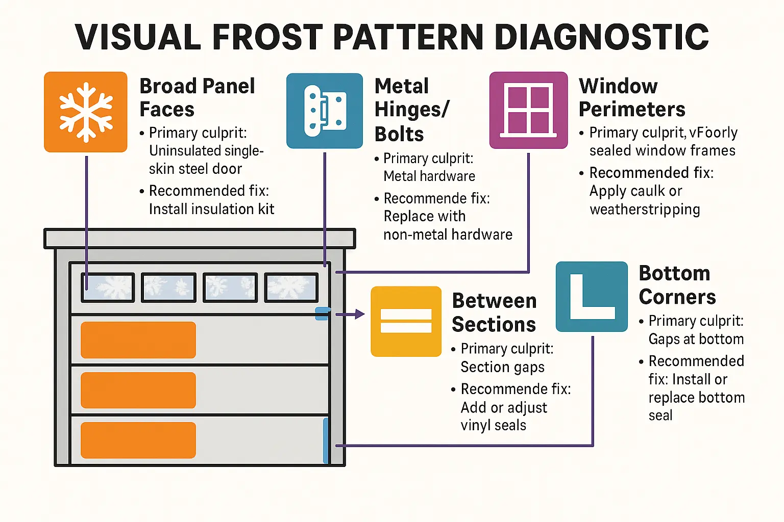 This visual guide helps you identify what different frost patterns on your garage door mean and the recommended fixes. Understanding these patterns simplifies troubleshooting and avoids unnecessary expense.
