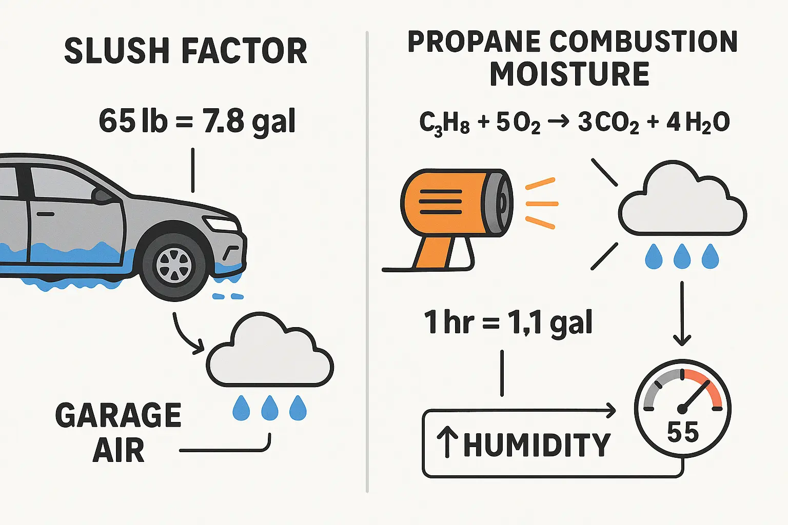 This infographic visualizes how melting winter slush from vehicles and unvented propane heaters add moisture inside your garage, increasing the risk of frost buildup on your garage door.