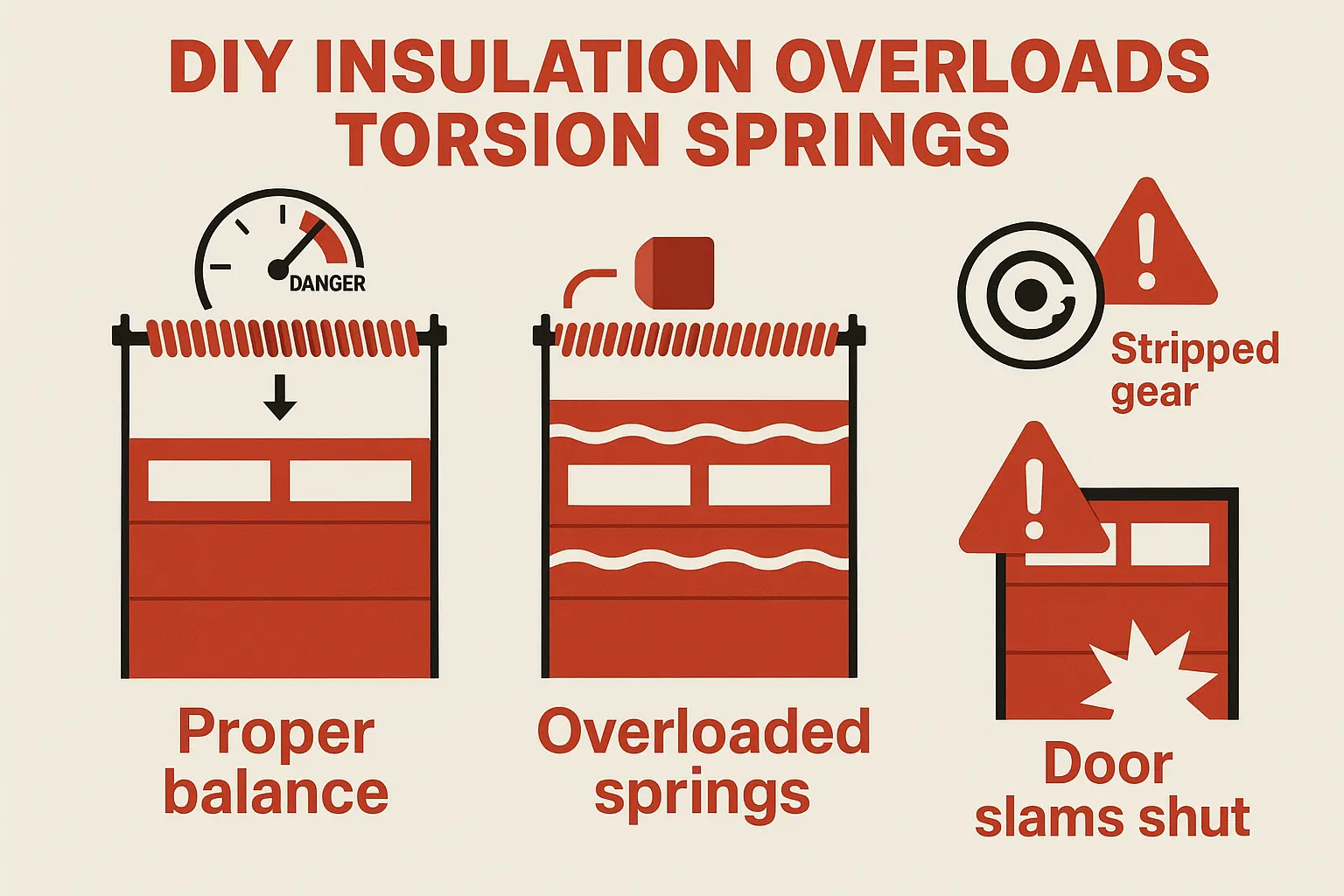 Adding DIY insulation to your garage door without professional spring adjustment increases door weight, risking spring failure, motor damage, and dangerous door slamming. Always consult a pro to rebalance springs.
