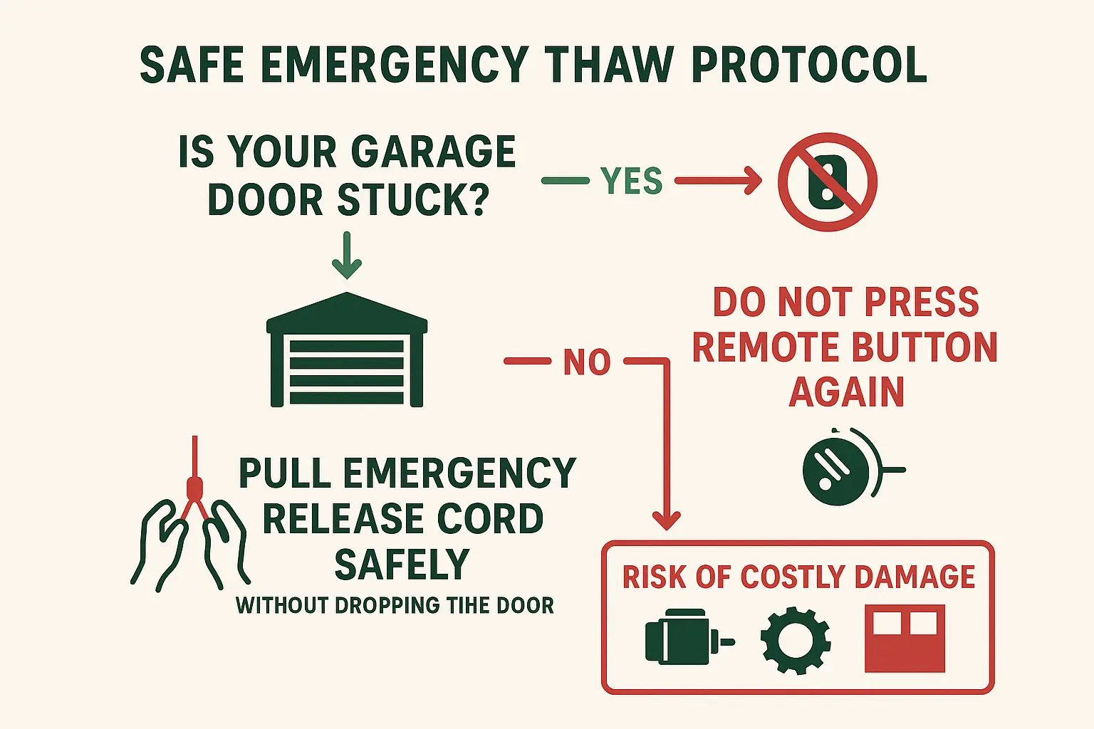 This flowchart guides homeowners through the safest immediate steps to thaw a frozen garage door without causing mechanical damage, emphasizing the importance of using the emergency release cord first.