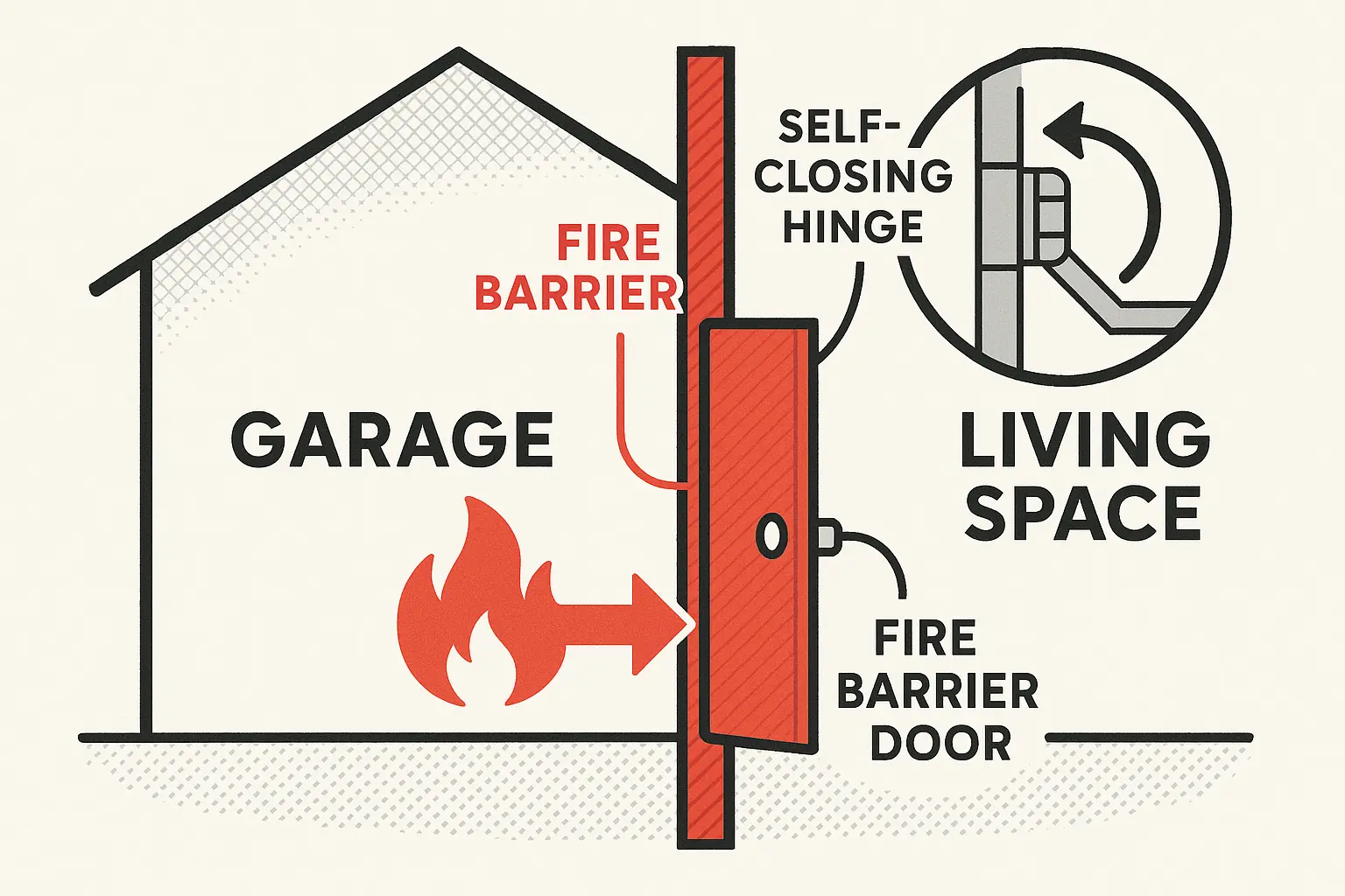 This diagram clarifies the critical fire separation barrier requirements between your garage and home living space, emphasizing the importance of self-closing, self-latching doors per IRC R302.5.1 to prevent fire spread.