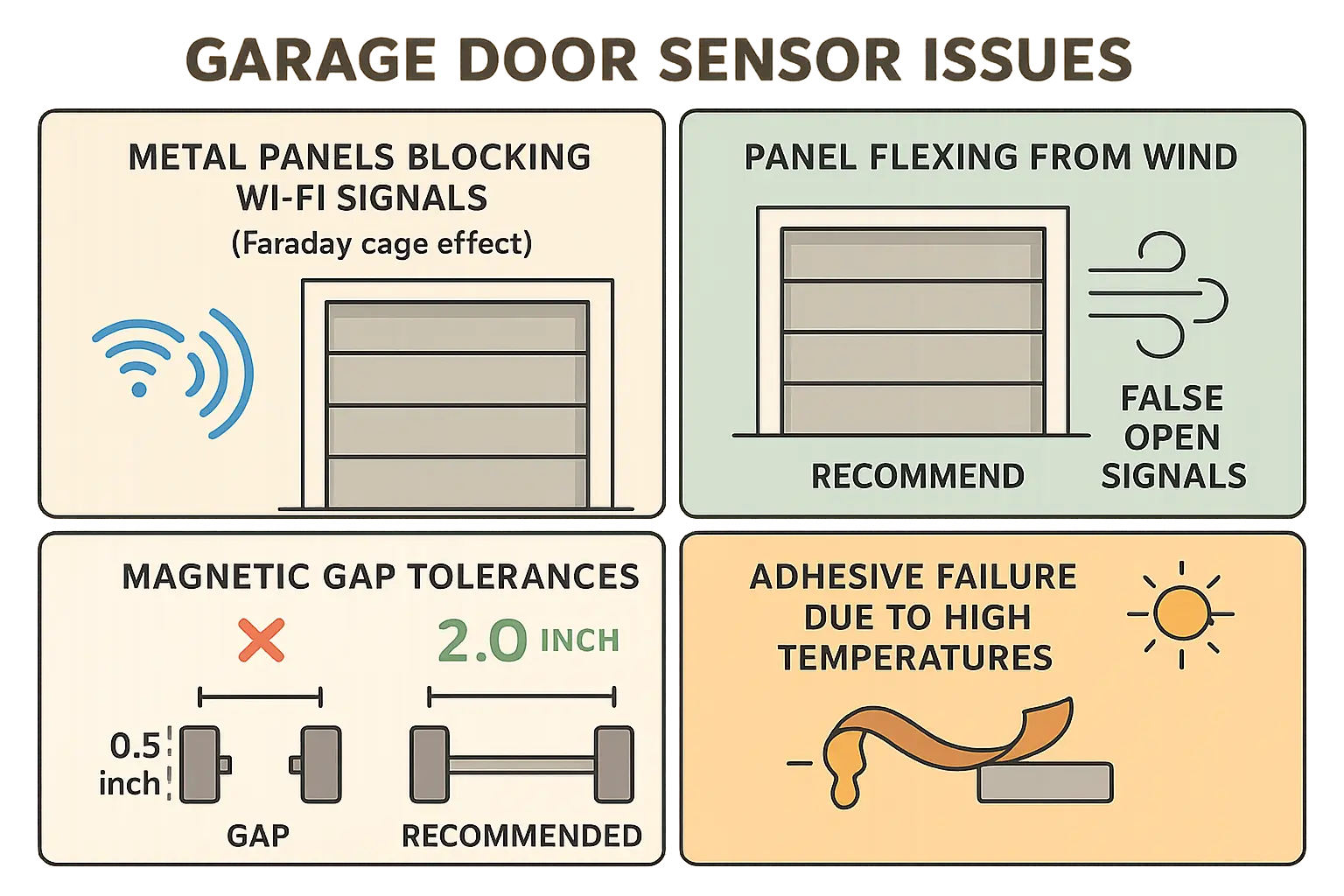 This infographic clarifies the key physical reasons indoor garage sensors often fail: metal doors block signals, wind causes false alerts through panel flex, and insufficient magnetic gap tolerances trigger false positives. Understanding these helps choose better sensor designs.