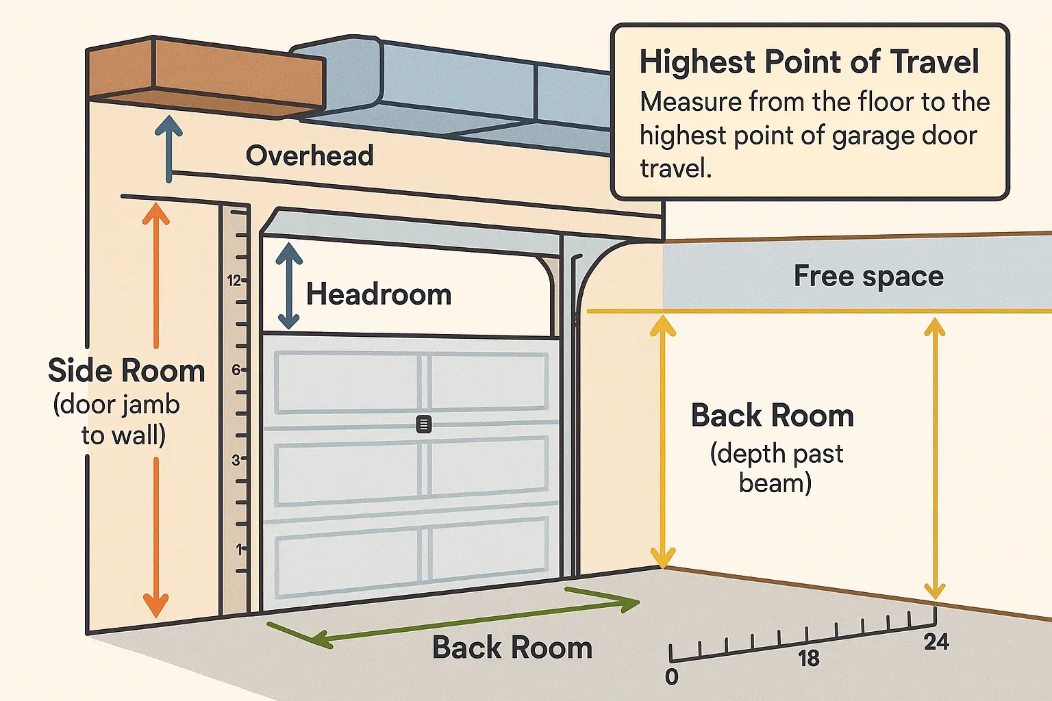 This diagram clarifies how to precisely measure garage spatial dimensions essential for selecting the right garage door opener when overhead beams or ductwork obstruct the ceiling. Understanding 'Headroom', 'Side Room', and 'Back Room' is fundamental for all subsequent installation decisions.