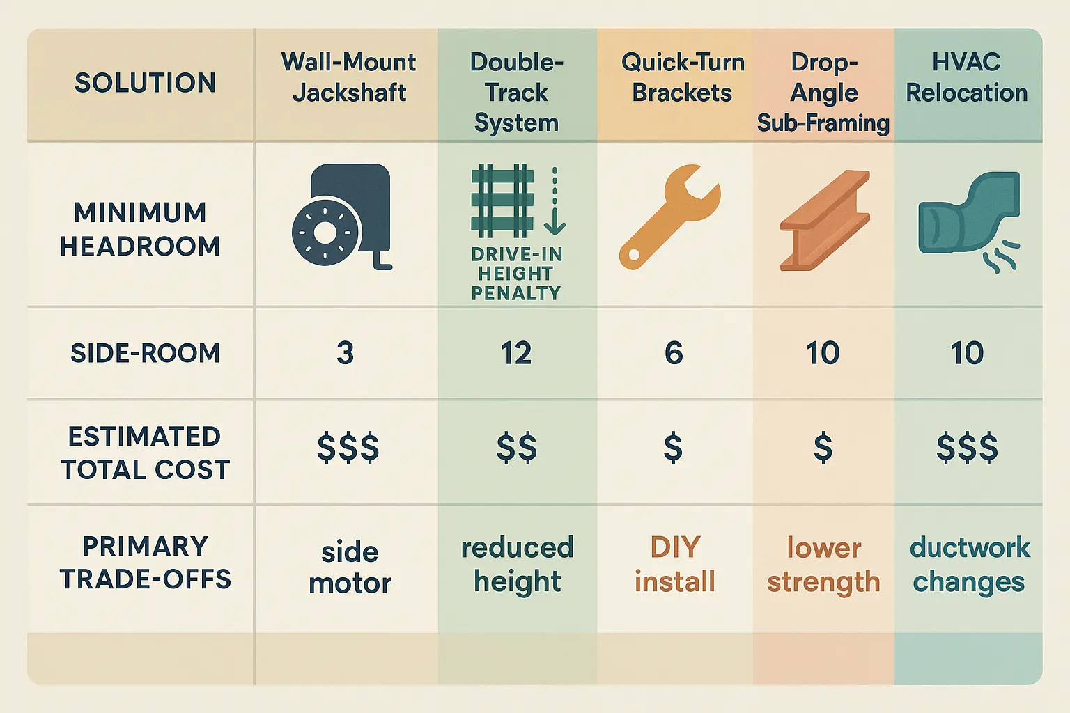 This flowchart educates users on the critical safety and code compliance decisions involved in modifying drywall or relocating HVAC ducts for garage door opener installation around ceiling obstructions, emphasizing proper fire-wall sealing and air quality.
