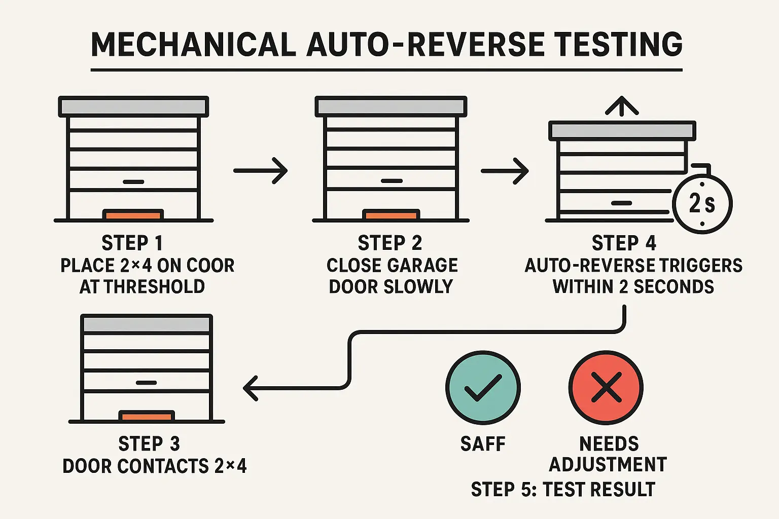 This flowchart educates on performing the critical 2x4 auto-reverse safety test, enabling parents to verify that the garage door reverses reliably within 2 seconds when encountering an obstacle.