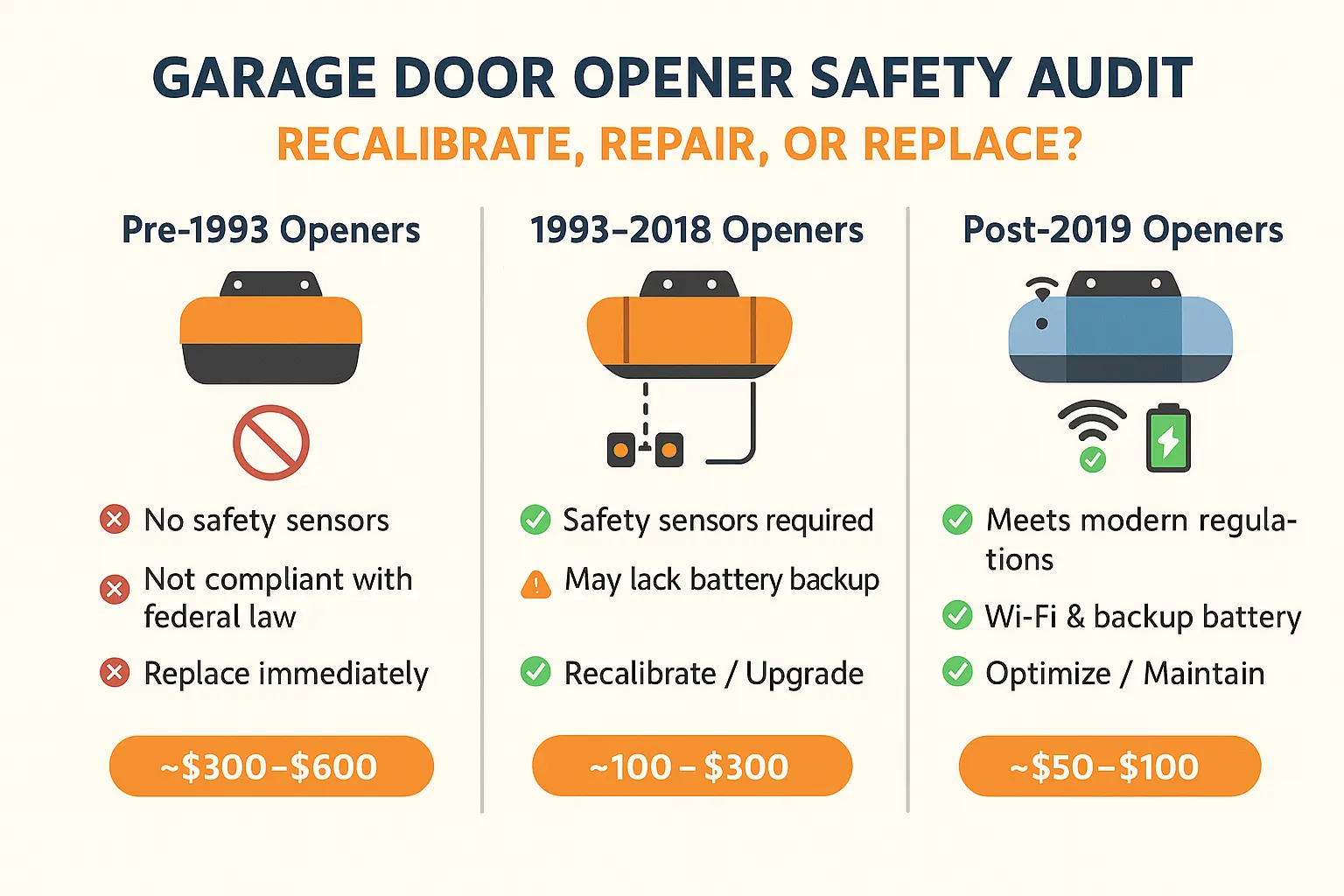 This infographic anchors memory by clearly contrasting garage door opener safety compliance by manufacturing era, guiding families to decide when to recalibrate, repair, or replace for optimal driveway safety.