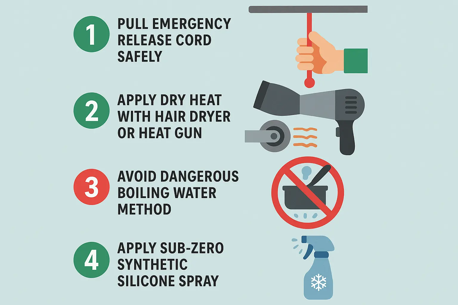 Follow these safe thawing steps to temporarily free frozen garage door rollers without risking damage or injury during winter emergencies.