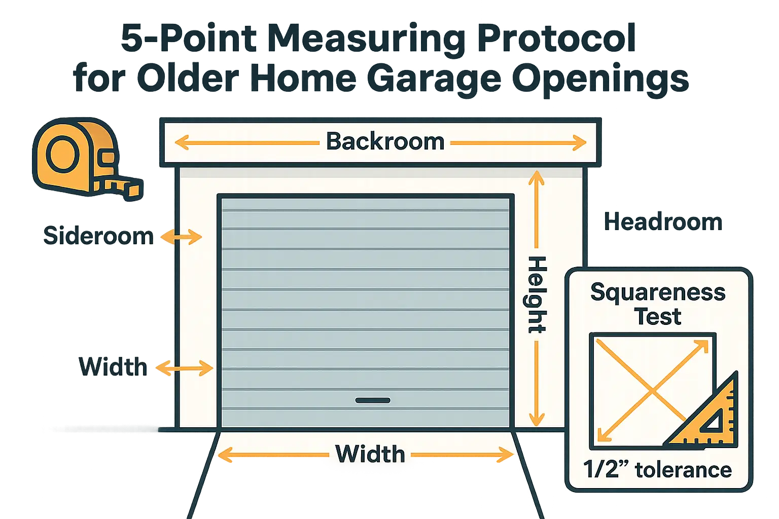 This visual breaks down the essential 5-point measuring protocol for accurately sizing non-standard garage door openings in older homes, helping homeowners avoid costly errors by measuring width, height, headroom, sideroom, backroom, and checking squareness.