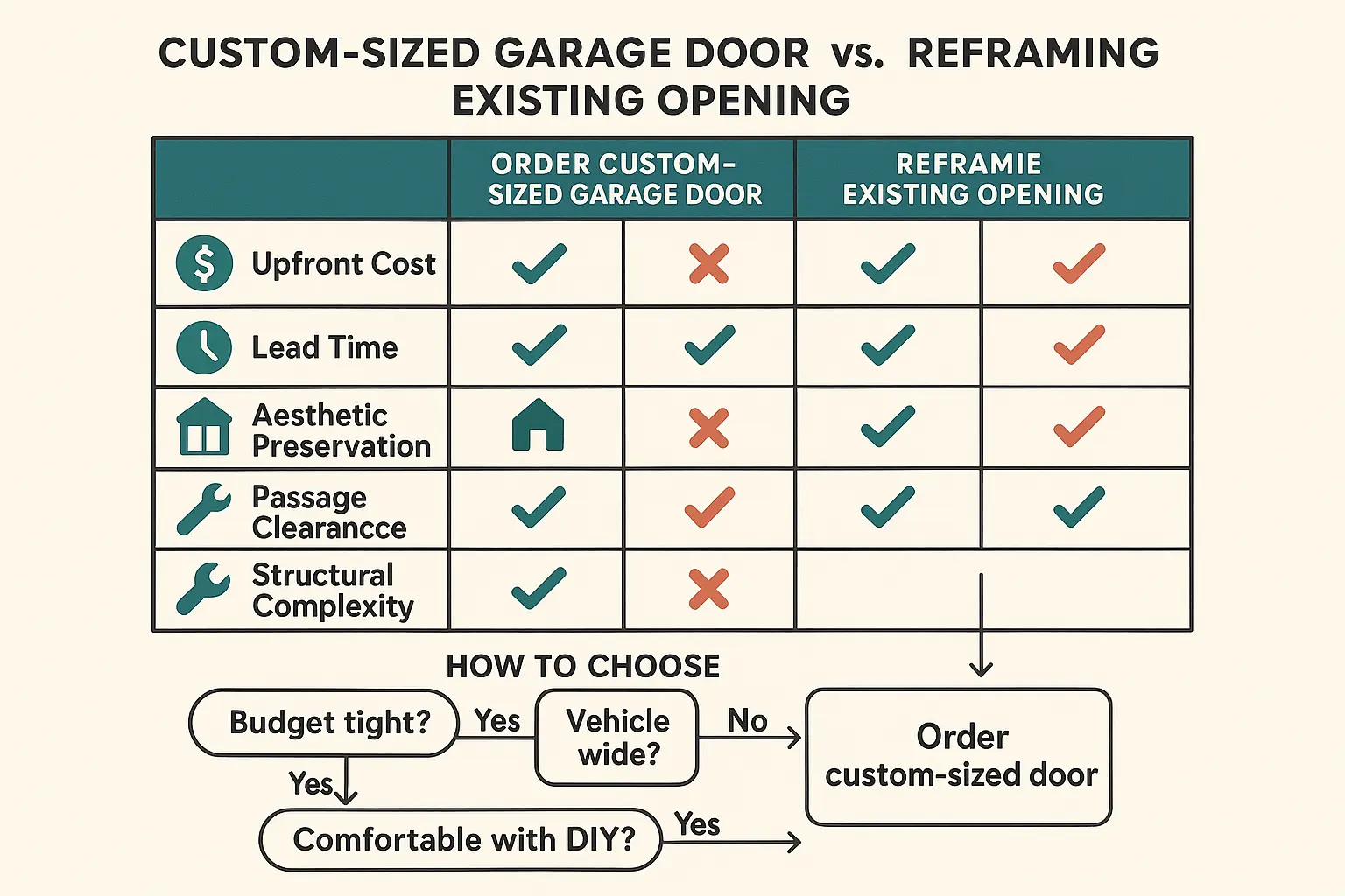 This comparison chart clarifies the critical decision of whether to custom order a garage door or reframe the opening, empowering homeowners with cost, timeline, and practical trade-off insights for non-standard garage door projects.