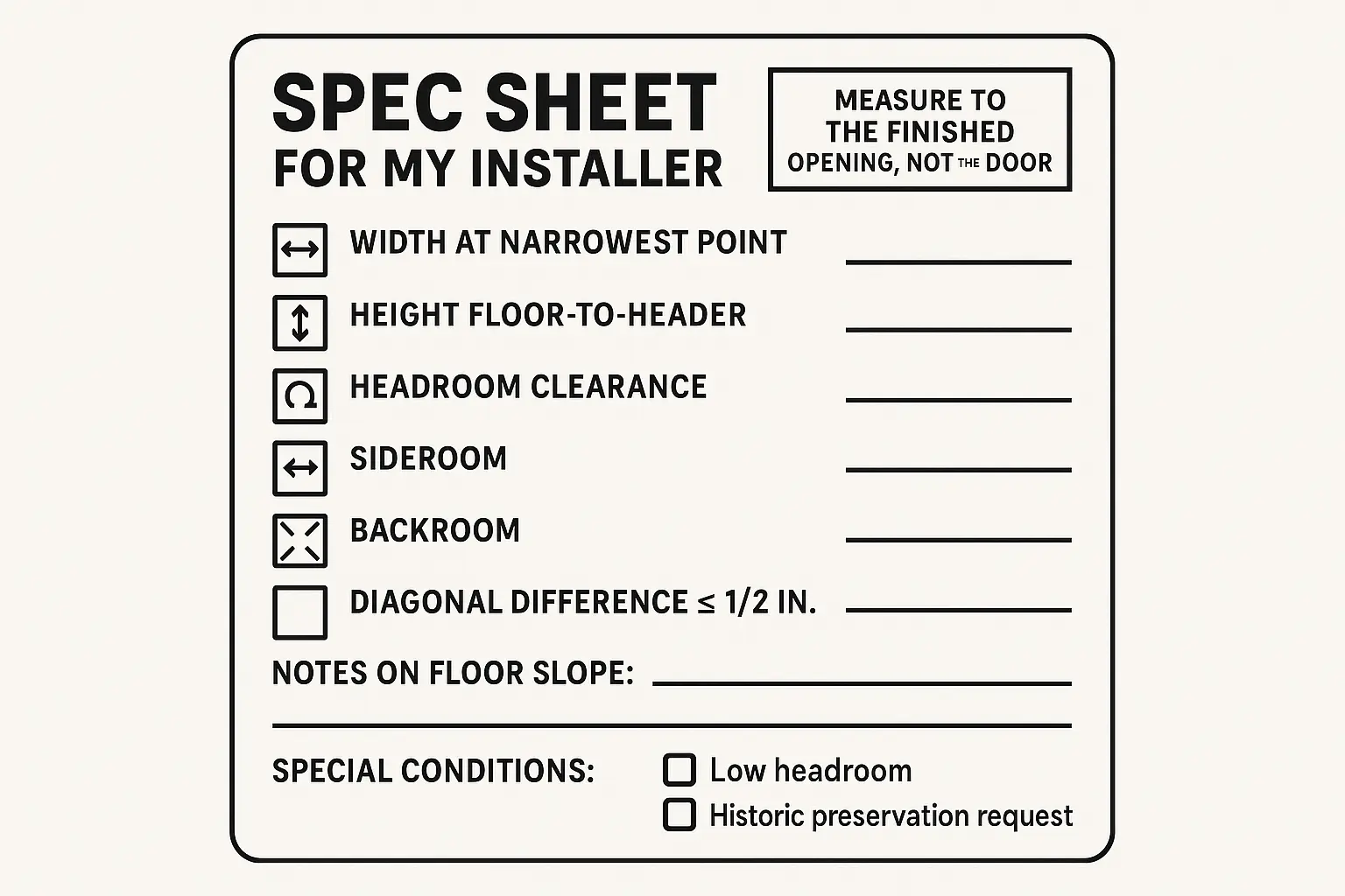 This checklist serves as a simple, easy-to-follow memory aid to ensure accurate and complete measurement gathering for older home garage door openings, reducing anxiety and improving installer communications.