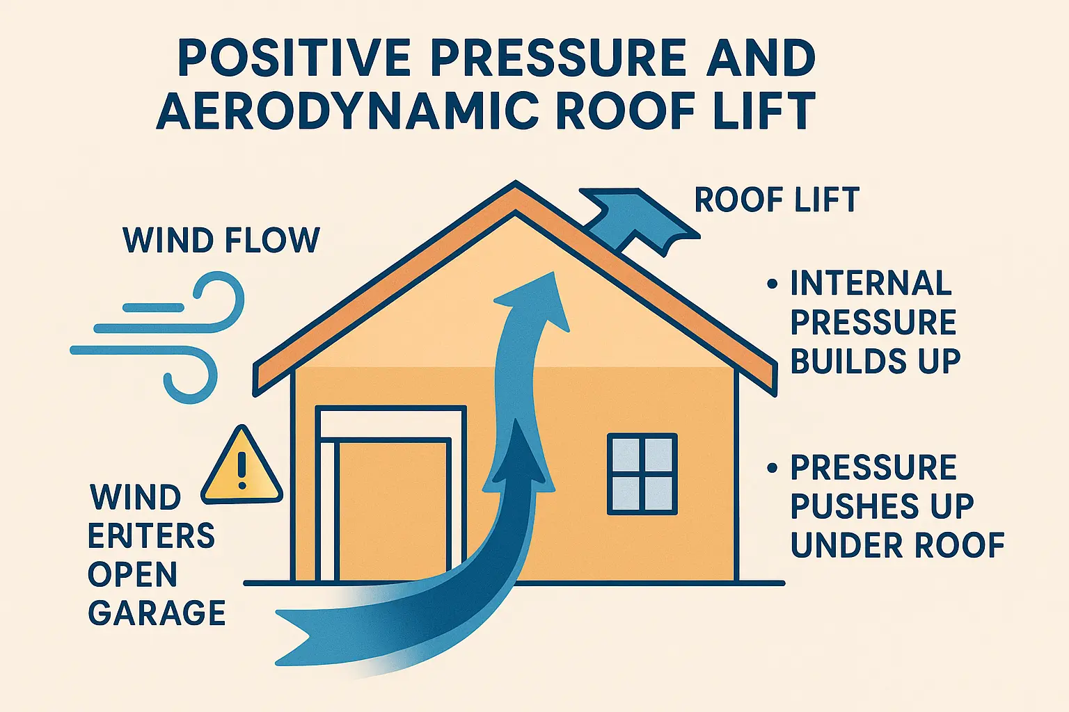 This diagram reveals the hidden danger of an open garage door in a storm: internal wind pressures can create forces strong enough to lift and damage your roof. Understanding this helps prioritize immediate garage door containment.