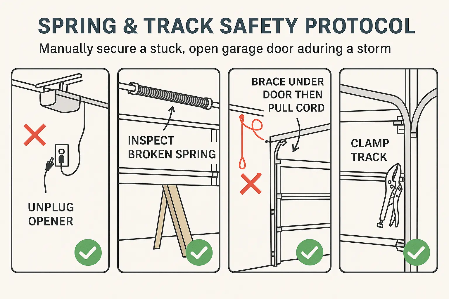 Follow these four critical steps to safely lower and stabilize your garage door during a storm. This method prevents sudden drops and secures the door against high winds, minimizing risk to you and your home.