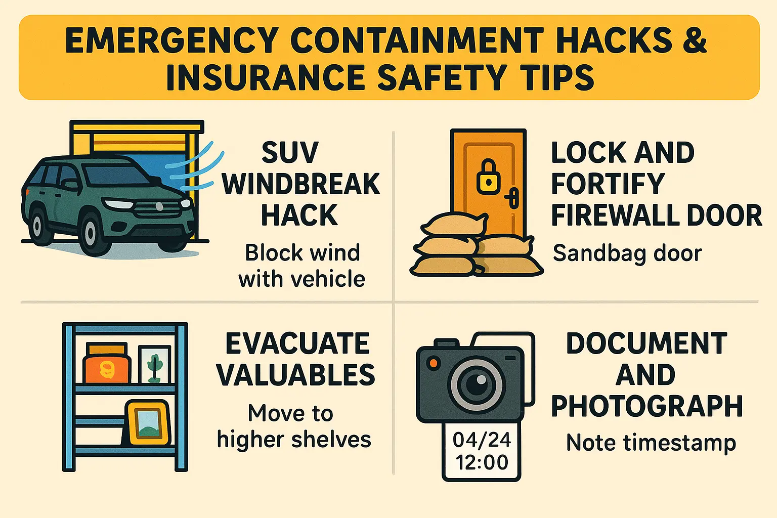 Keep this emergency checklist handy: use your vehicle to block wind, secure your firewall door, move valuables to safety, and document the damage to protect your insurance claim.