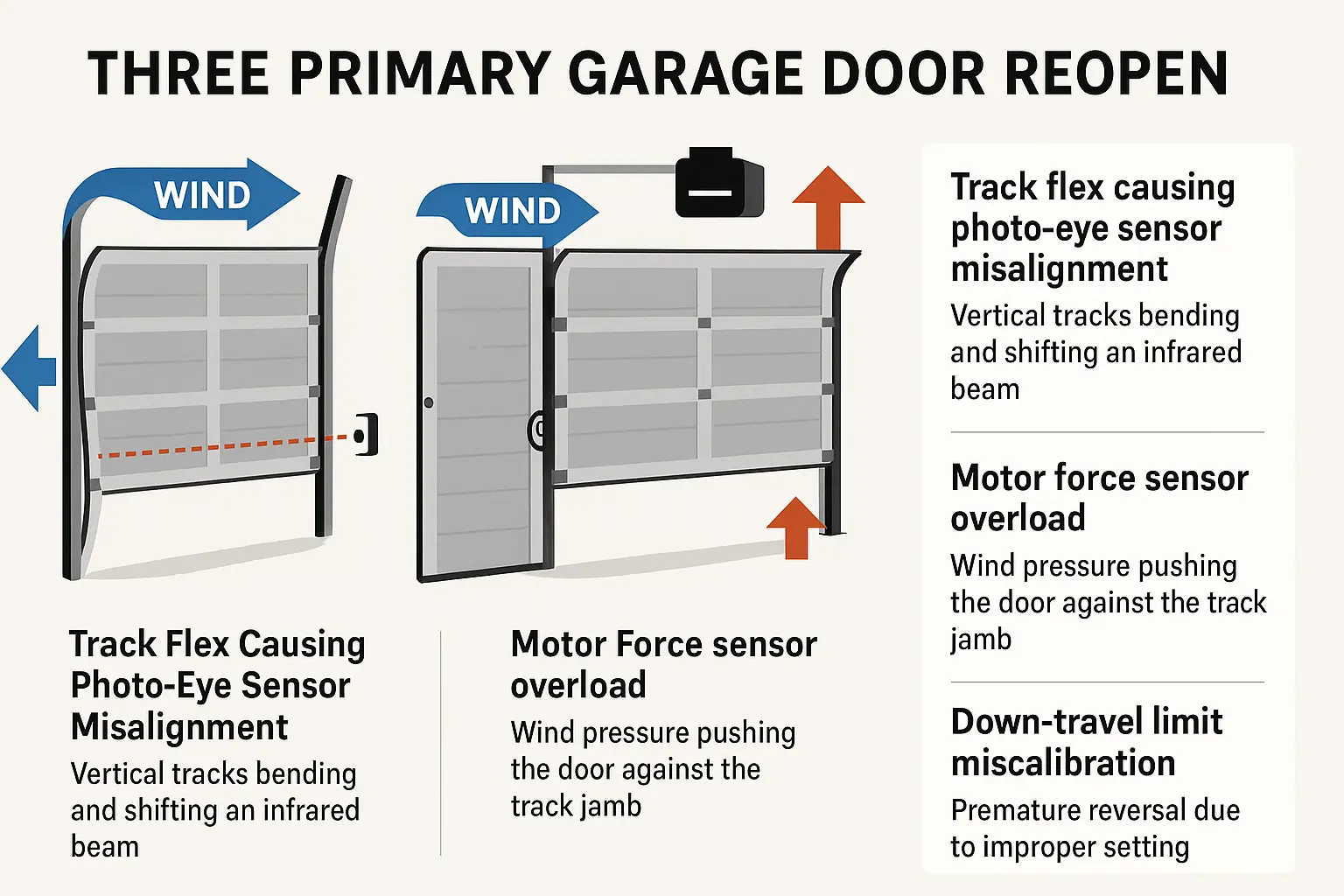 Visualizing the physics behind garage doors reopening in high winds: how track flex, sensor misalignment, and calibration issues cause automatic reversal for safety.