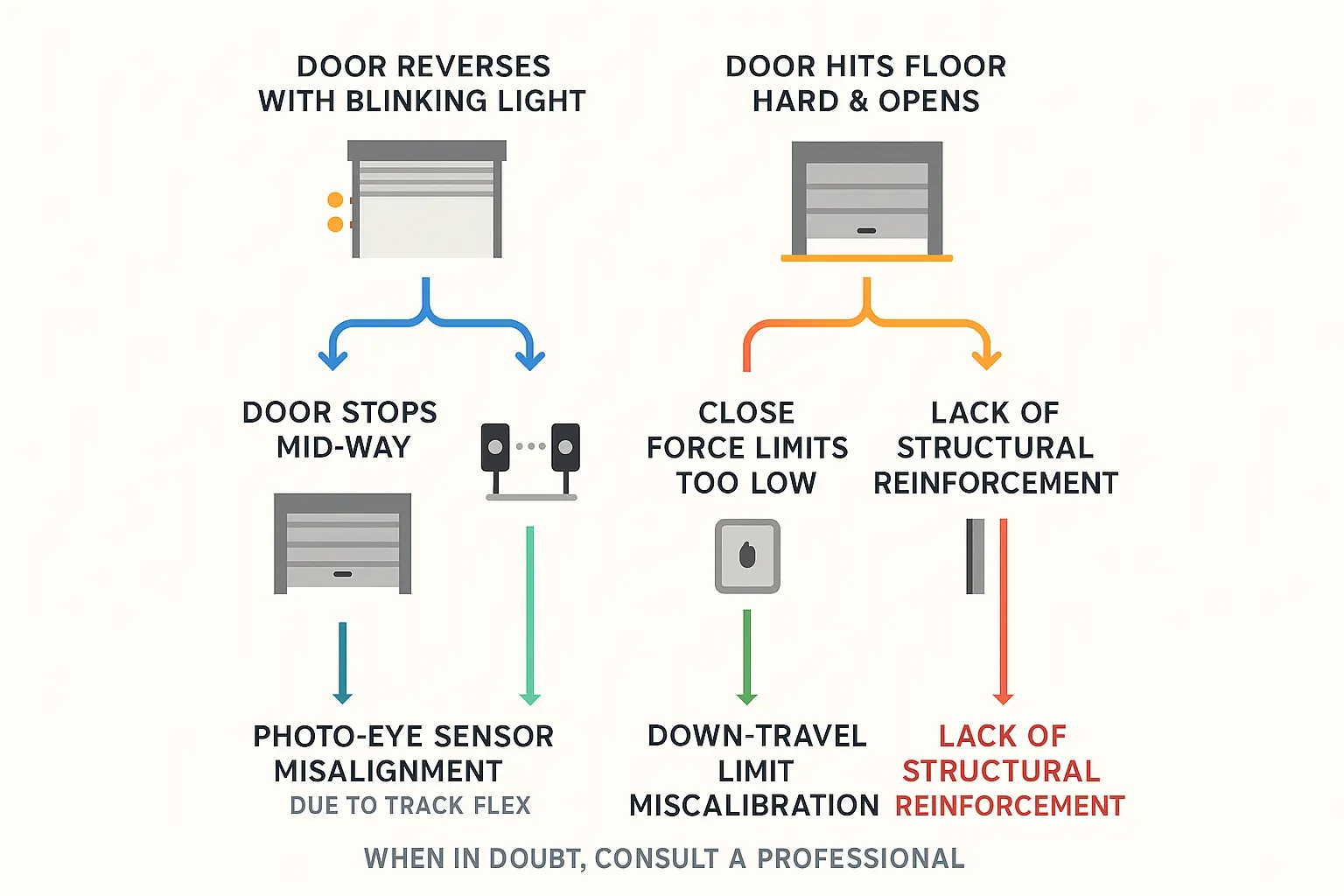 A visual diagnostic roadmap helping homeowners quickly identify the root cause of their garage door reopening issues during windy conditions.