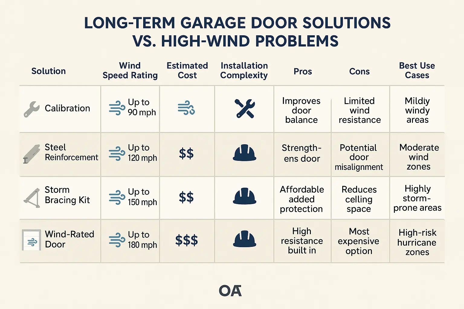 An easy-to-remember comparison of DIY calibration, bracing kits, and professional door replacements to help homeowners make informed decisions about storm resilience.