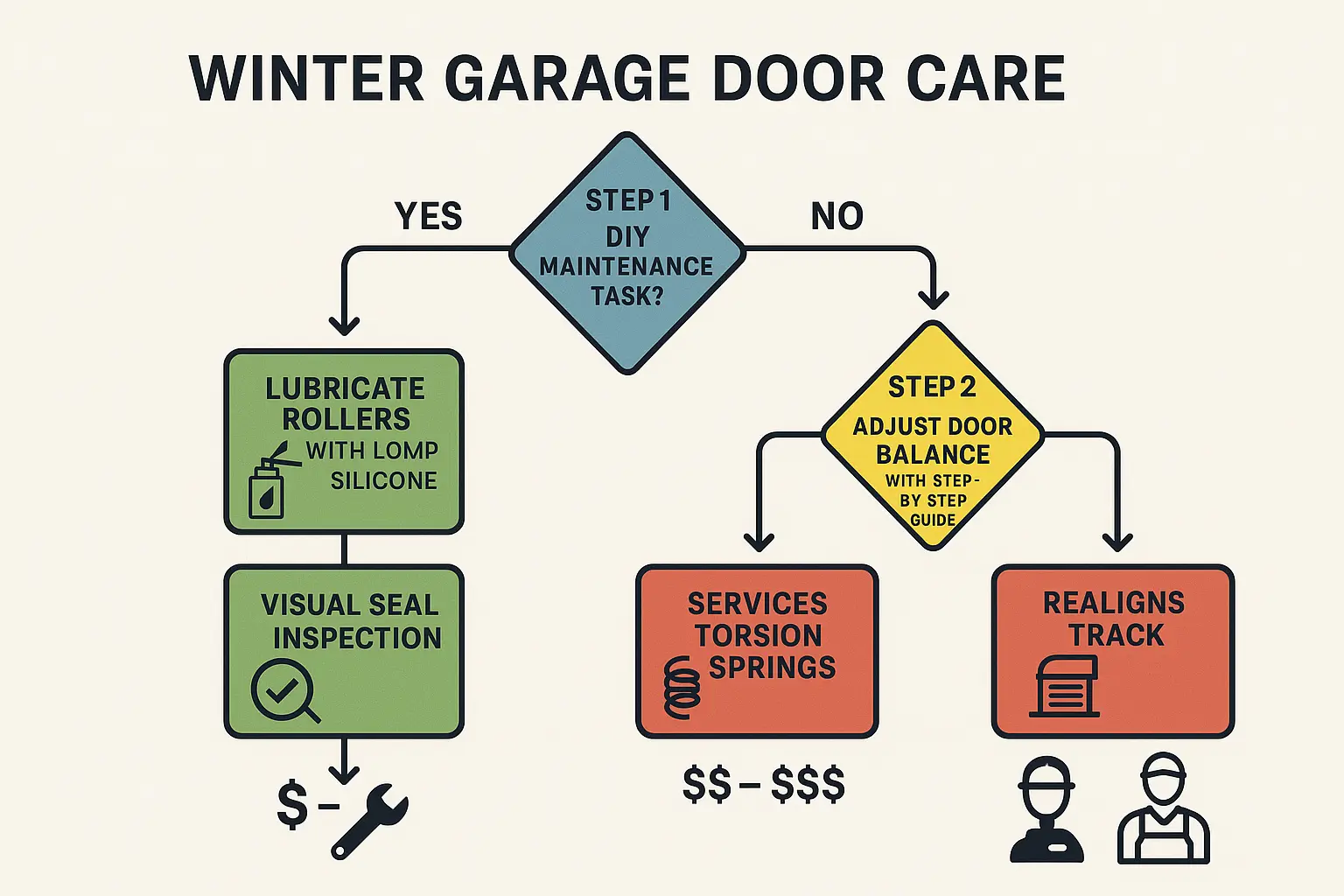 This step-by-step decision flowchart educates homeowners on which winter garage door maintenance tasks are safe to perform themselves and when professional services are necessary, clearly highlighting safety risks and cost implications.