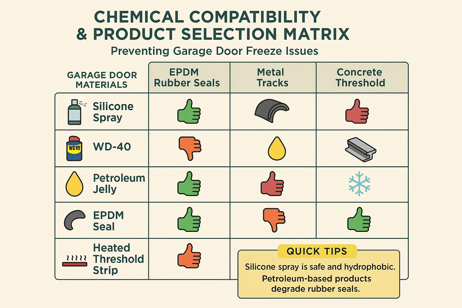 This product compatibility matrix helps readers remember which chemical treatments and physical upgrades protect their garage doors from freeze damage and which can worsen it.