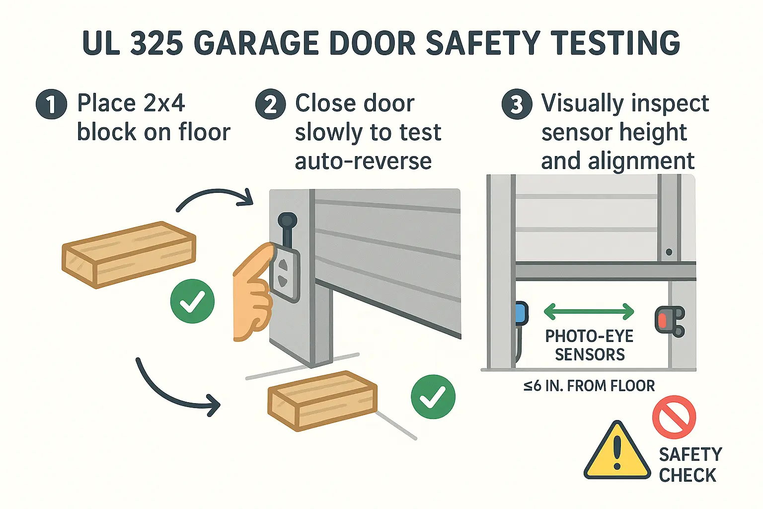 This diagram educates new homeowners on conducting a safe and compliant force-reversal test using a 2x4 block and proper photo-eye sensor alignment to protect children and pets.