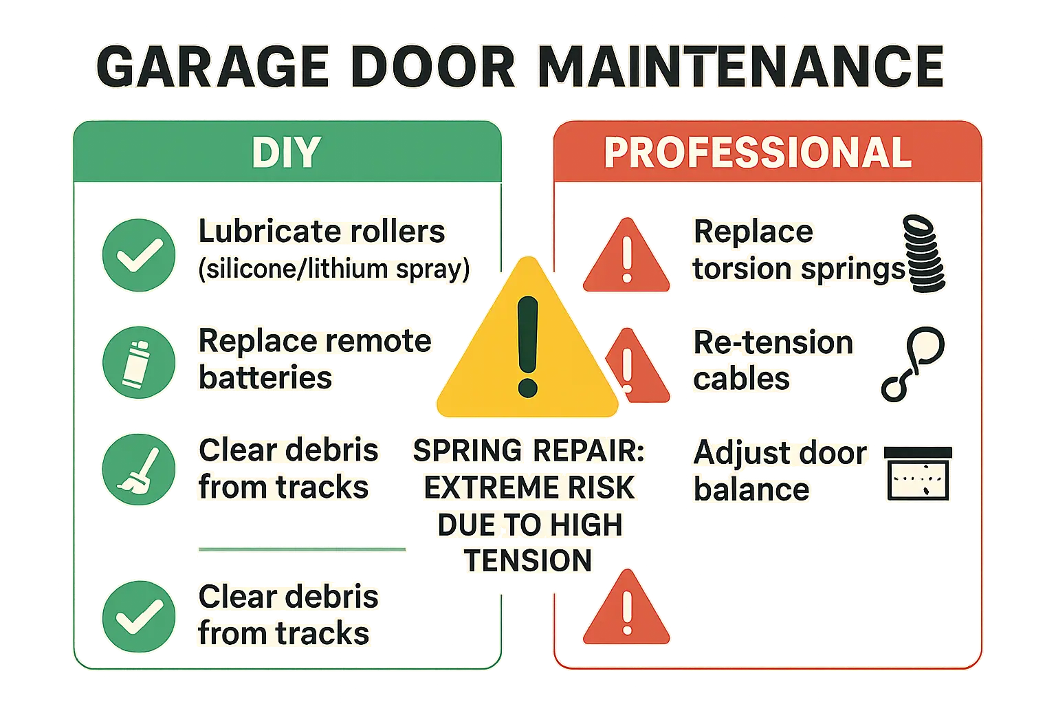 This comparison chart anchors homeowner memory to distinguish safe DIY garage door tasks from hazardous repairs that require expert professionals, emphasizing life-threatening risks of spring handling.